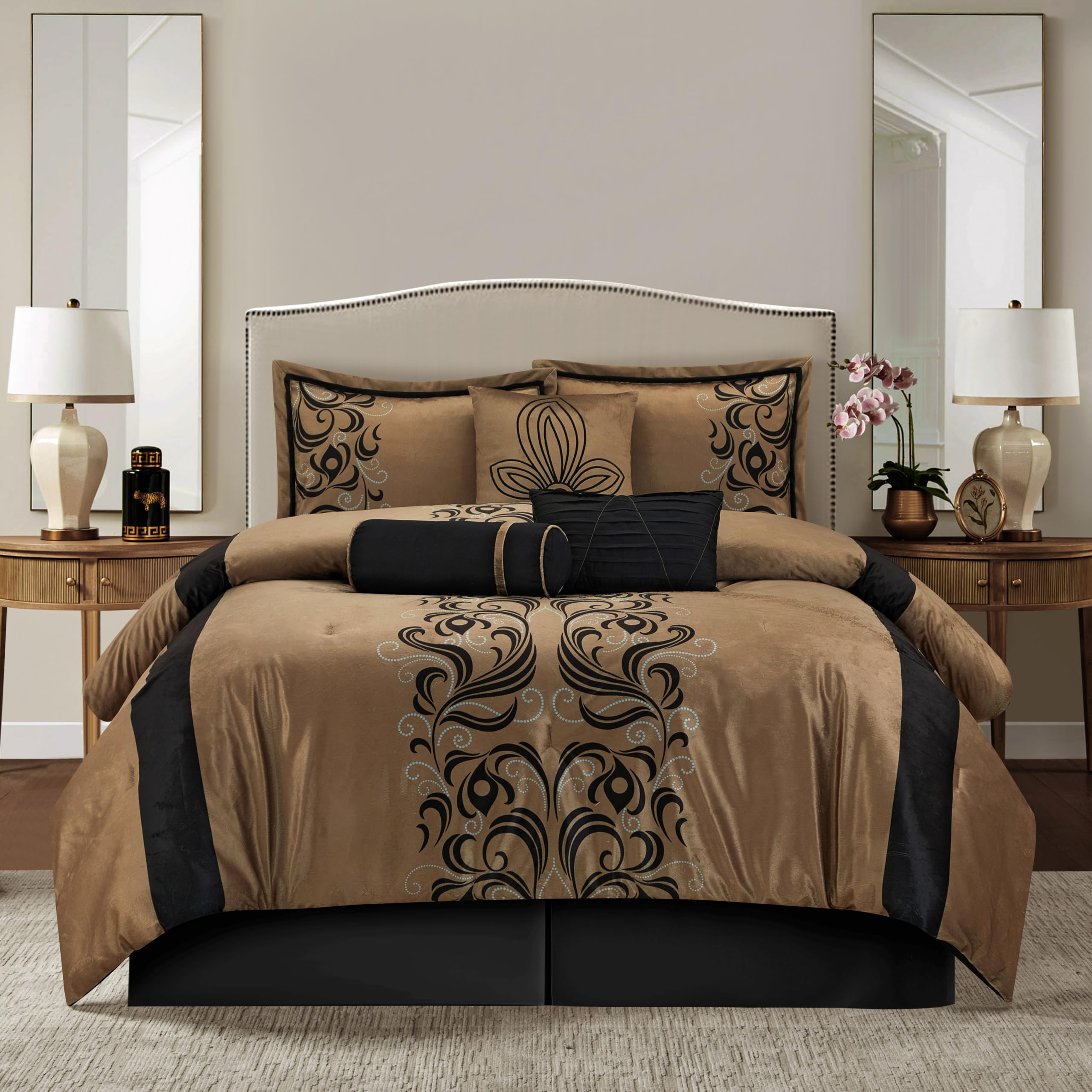 Stratford Park Floral 7-Piece Bedding Comforter Set, Cal King, Brown Home Decoration, Warm & Comfortable, Matching Bedskirt, Pillows & Shams
