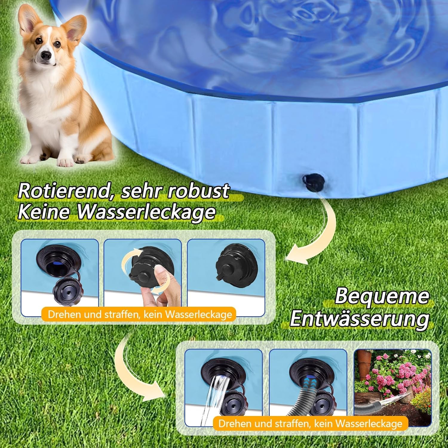 Hundepool, 160cm*30cm, Zusammenklappbarer Robuster Wasserdichter Schwimmpool für Kleine, Mittelgroße & Große- Anti-Rutsch Badewanne mit Verschleißfester Oberfläche für Katzen und Hunde im Garten
