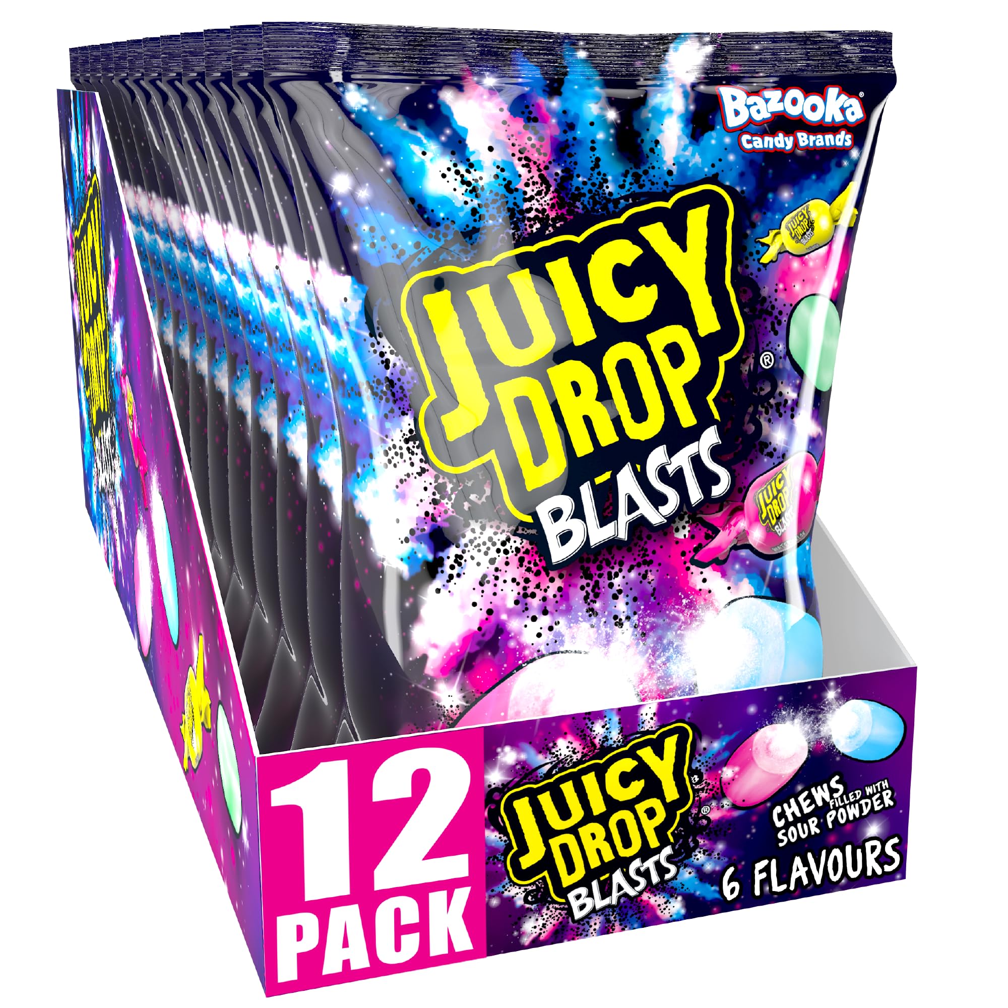 Juicy Drop Blasts (12 x 140g Bulk Sweets) Chewy Sweet and Sour Kids Sweets for Party Bags, 6 Tasty Flavours, Individually Wrapped - Halal Candy