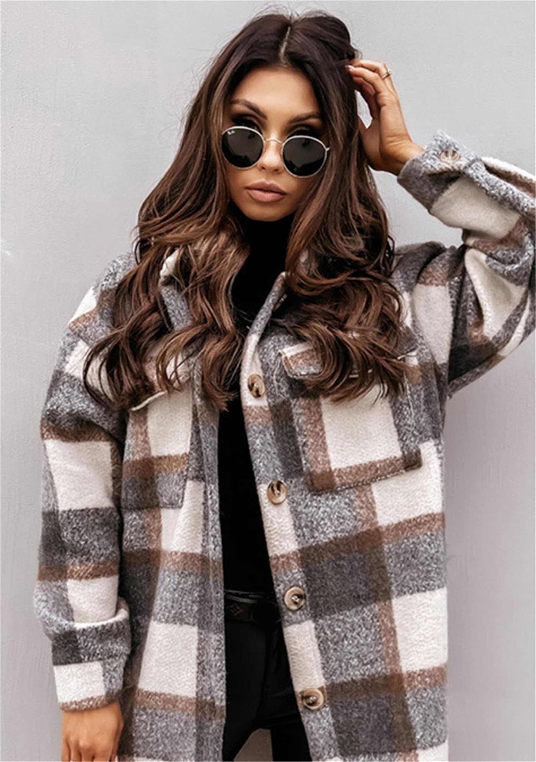 Yming Frauen Lange Revers Vintage Jacke Plus Größe Tartan Mit Tasche Jacke