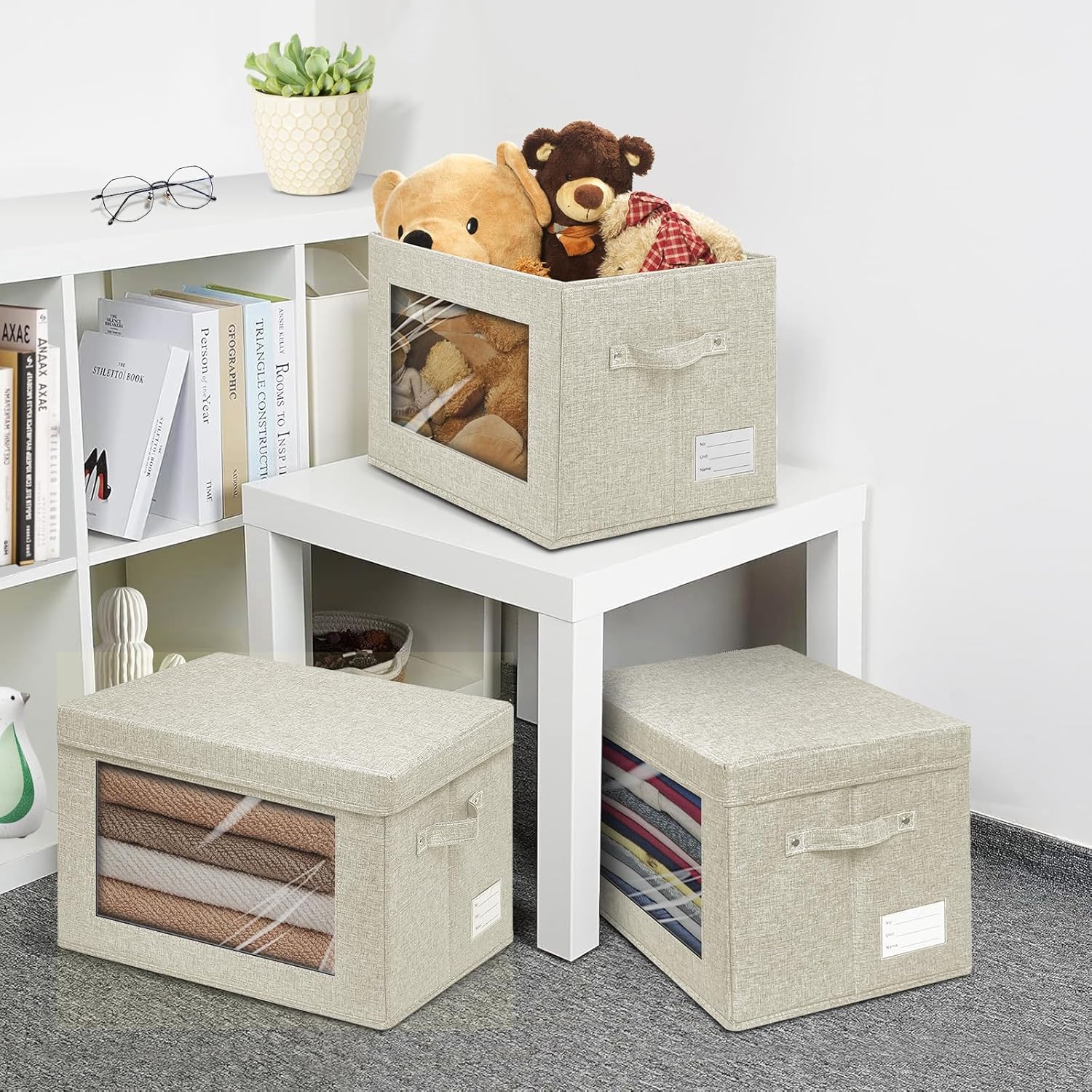 4-Pack Fabric Storage Bins with Lids, Foldable Storage Boxes with Handles & Clear Window, Closet Organizers for Clothes, Books (Beige, 4PCS/14.9 x 9.8 x 9.8 in)