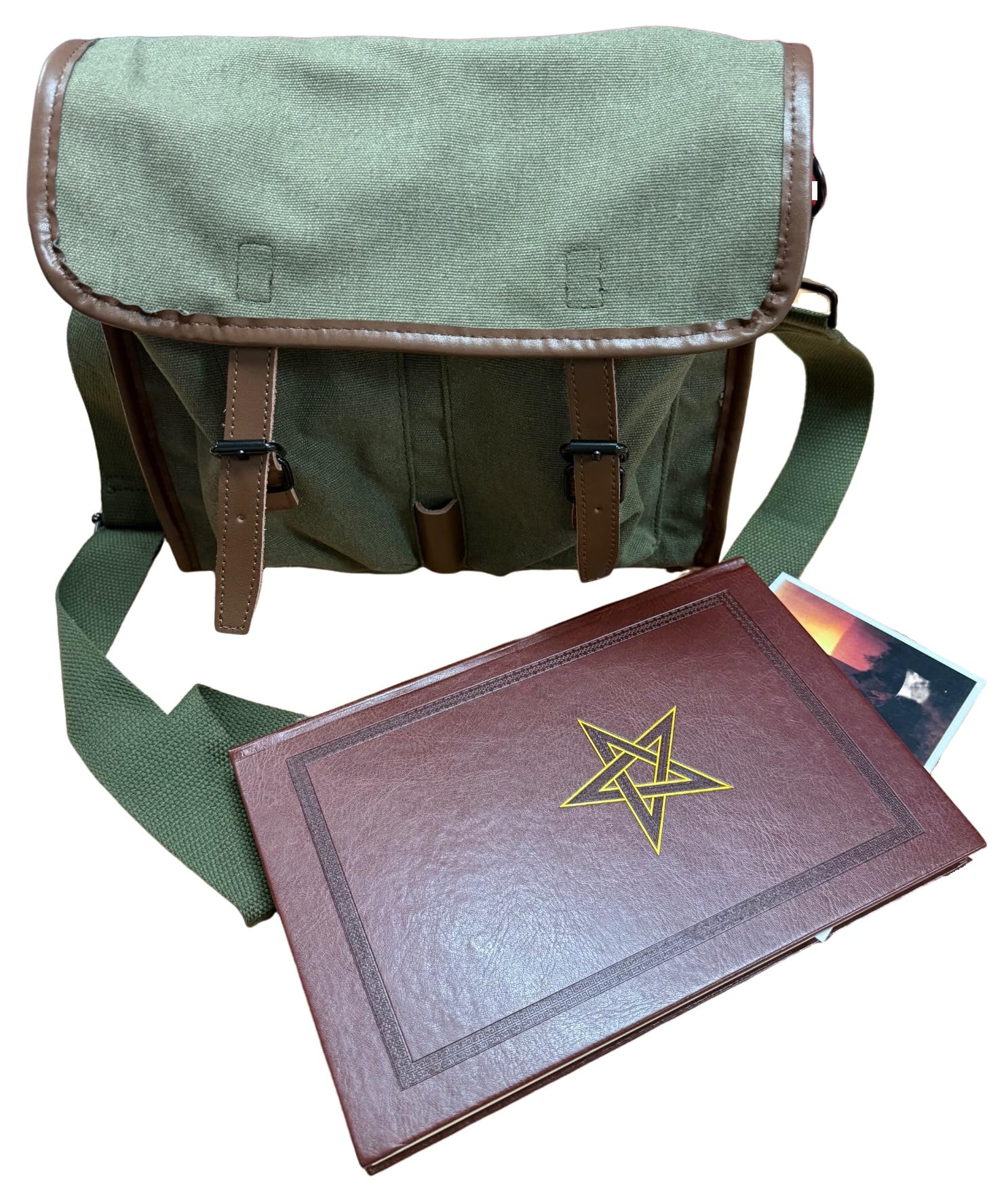 Dean Corso Ninth Gate Bag & Book Replica Set Vintage Musette Satchel with “Nine Gates of The Kingdom of Shadows” Faux Leather Book Occult Collector’s Cosplay Prop Green
