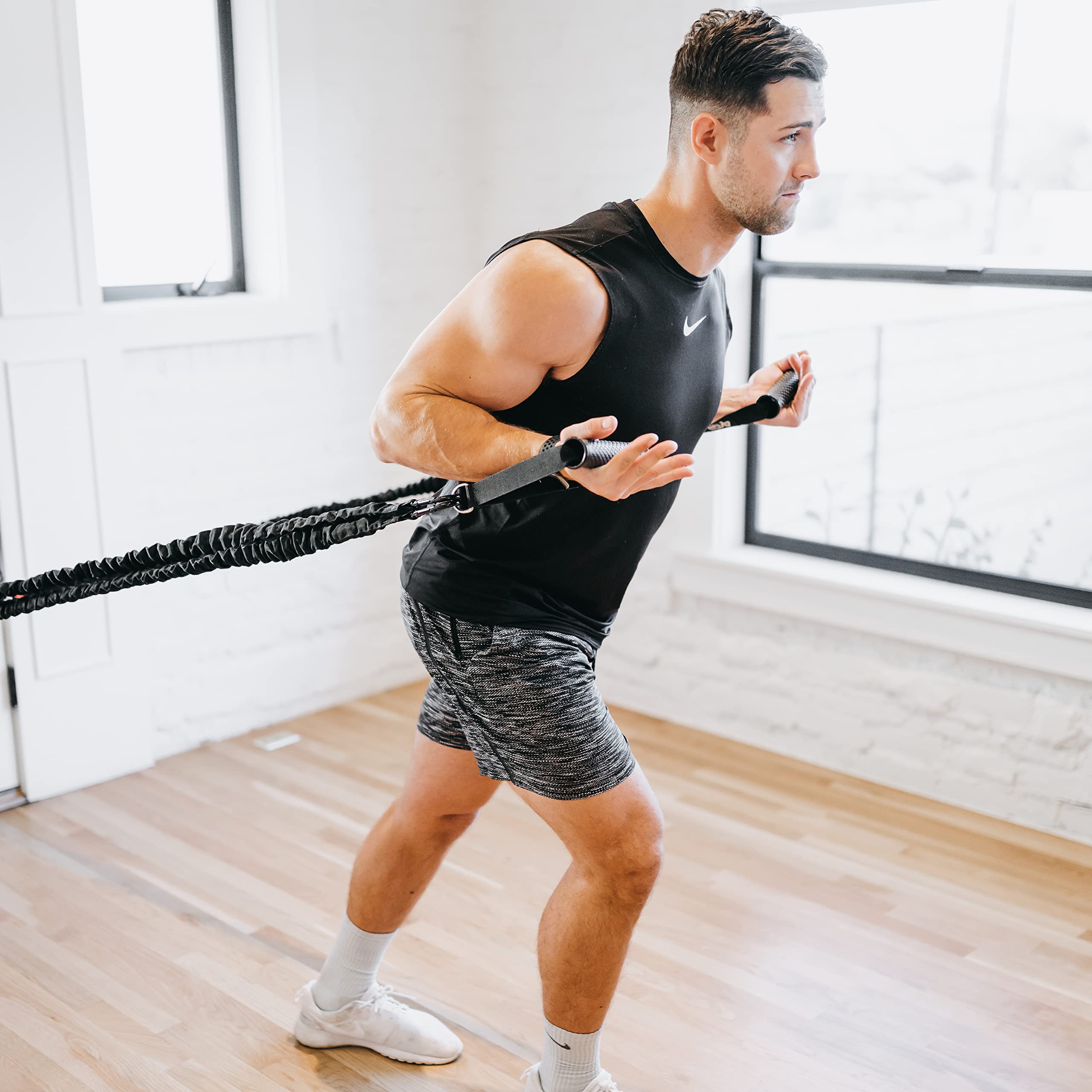 Resistance Cords - Shoulder and Core Resistance Bands - Perfect for Dynamic Warmups and Rehab - Deluxe Pair of 2 Black Cords and 2 Universal Handles - 4KOR Fitness