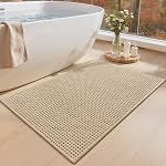 Color&Geometry Rubber Backed Waffle Bath Mat Hand Washable Non Slip Bathroomt Rug, Soft Absorbent Chenille Boho Carpet for Bathroom Floor, Tub and Shower, 17"x30", Beige