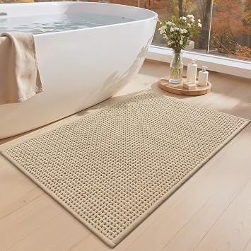 Color&Geometry Beige 24x16 Waffle Bath Mat, Rubber Non Slip Bathroom Rug | Soft absorbent chenille,rubber anti-slip backing, boho waffle woven craft, thin shower mat for tub and sink, water washable