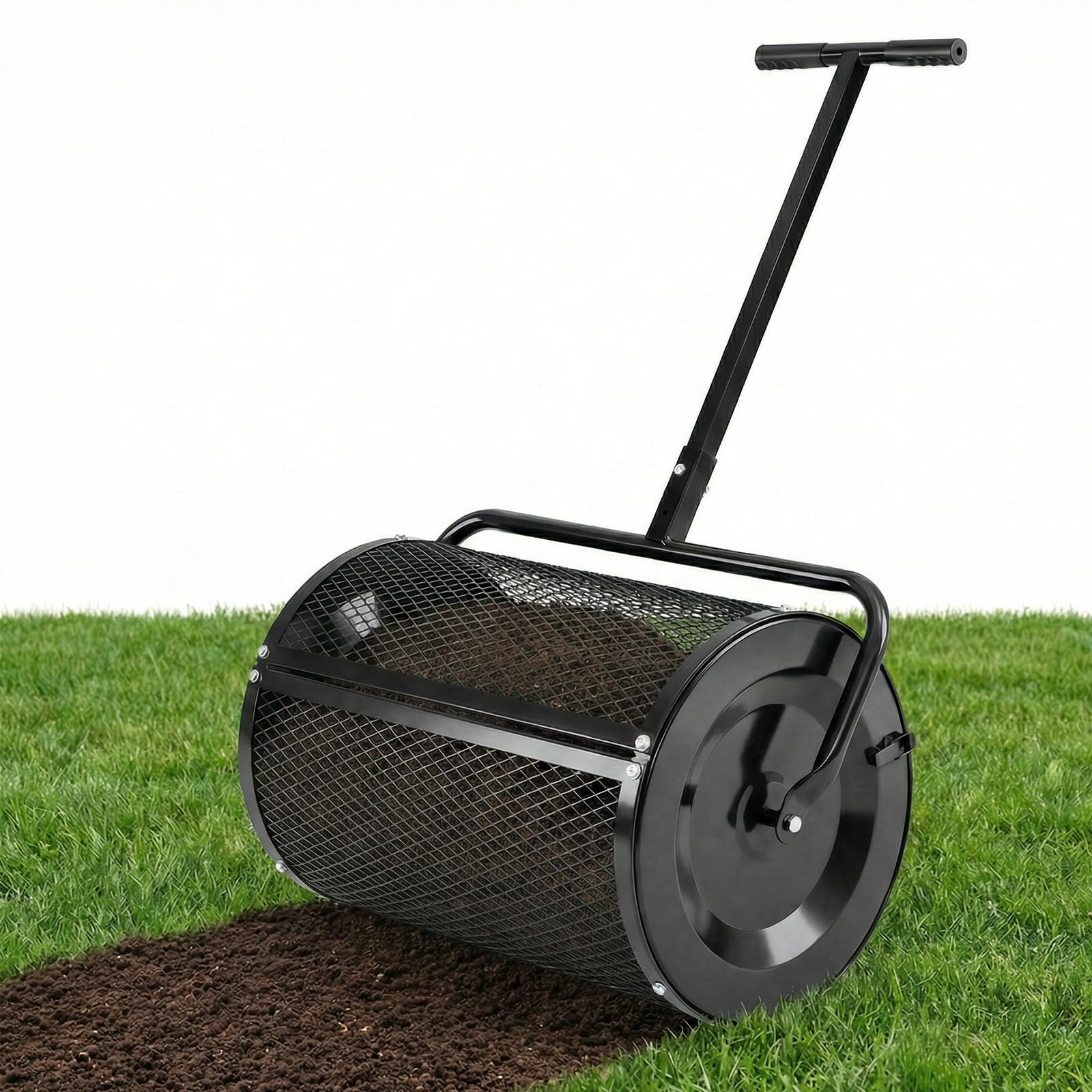 COSTWAY Kompoststreuer 77 L, Torfmoosstreuer mit höhenverstellbarem T-Griff & Mesh-Korb, Ø40x61cm, Düngerstreuer für Garten Rasen, Gartenstreuer für Dünger Saat, Handstreuer Kompostwalze (Schwarz)