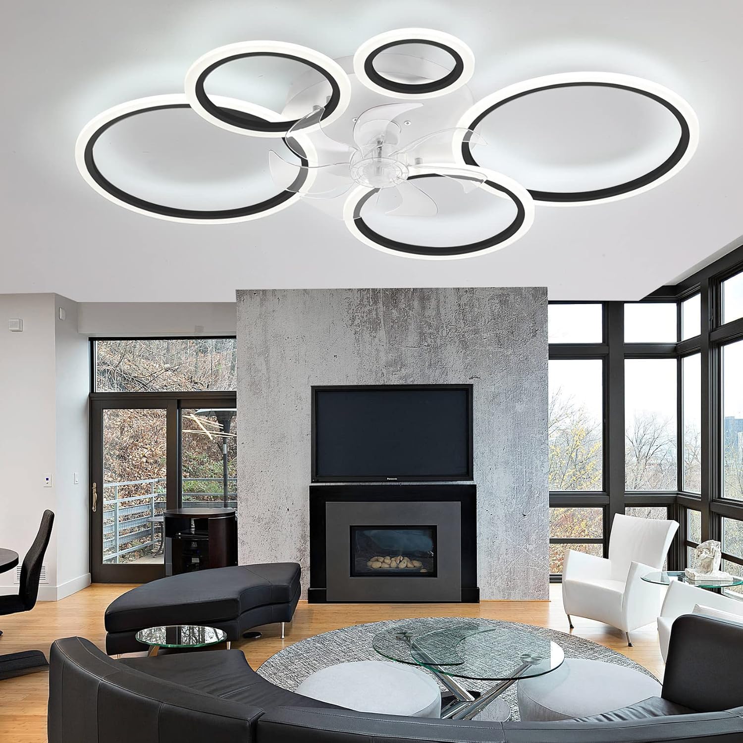 YUEGOO Ceiling Fans with Lamps,6 Speed Timer Quiet Ceiling Fan Chandelier Led Dimmable Modern Ceiling Fans with Lights and Remote App for Living Room Bedroom Office/B/100Cm-Black