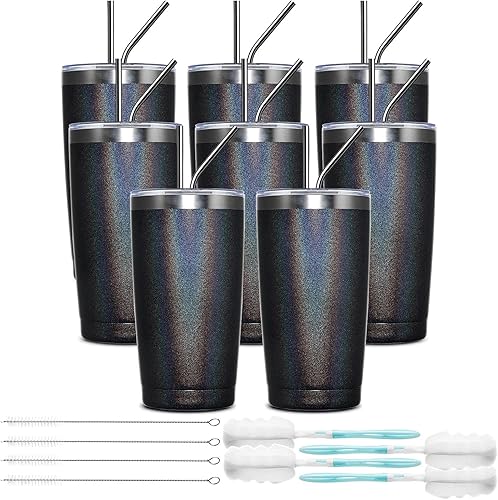 COKTIK - Paquete de 8 vasos de 20 onzas con tapa y popote, cepillo, aislamiento al vacío con doble pared de acero inoxidable, térmico para bebidas