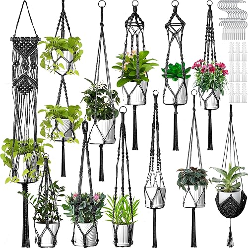 12 piezas de macramé para plantas, macetas colgantes de macramé para plantas de interior, hechas a mano, soporte bohemio para plantas colgantes para