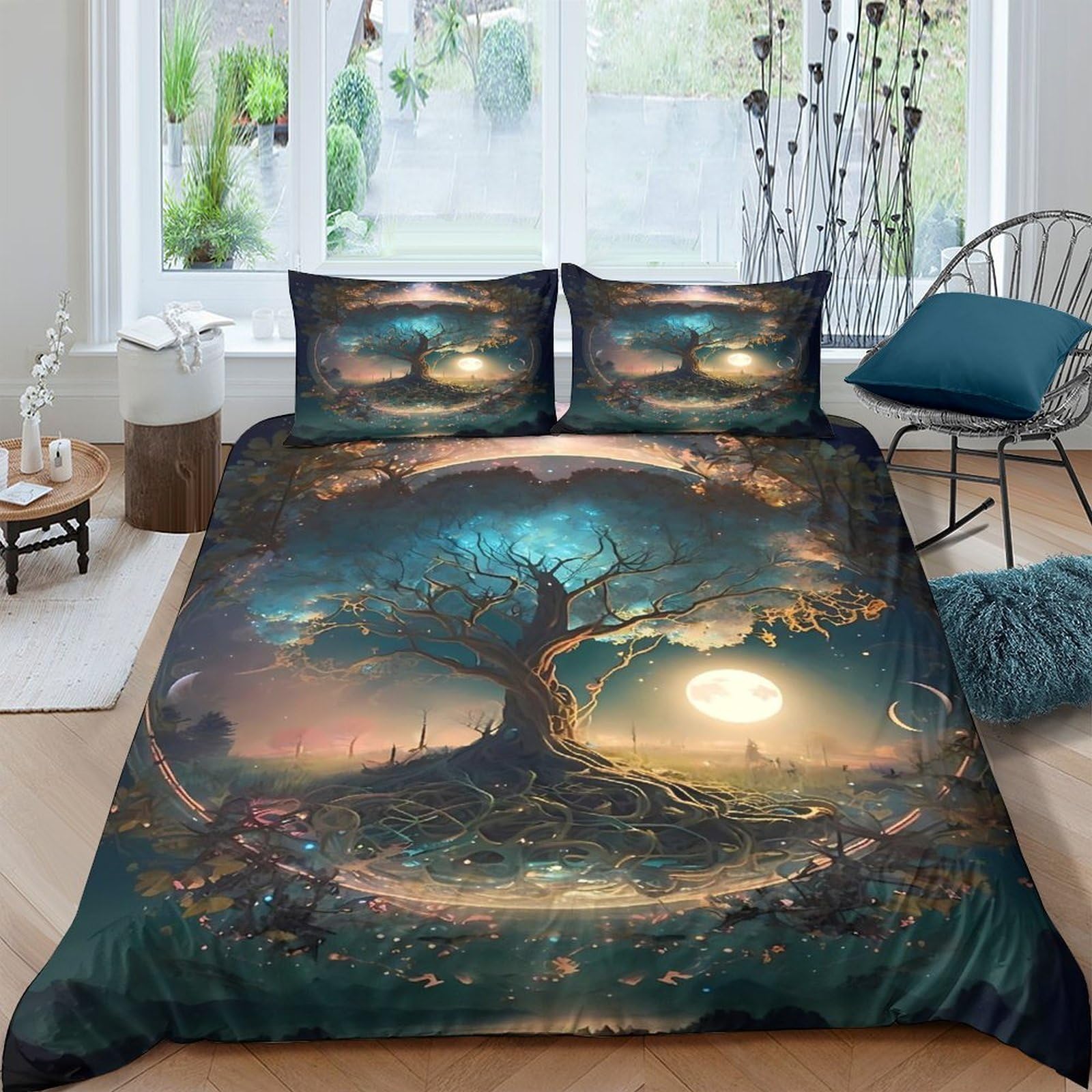 Ctjqhvkz Style-9 3D Printed Fantasy Tree Of Life Fitted Sheet Microfiber Soft Dark Forest Sunset Mattress Cover For Bedroom Dorm Decor Single（135X200cm）