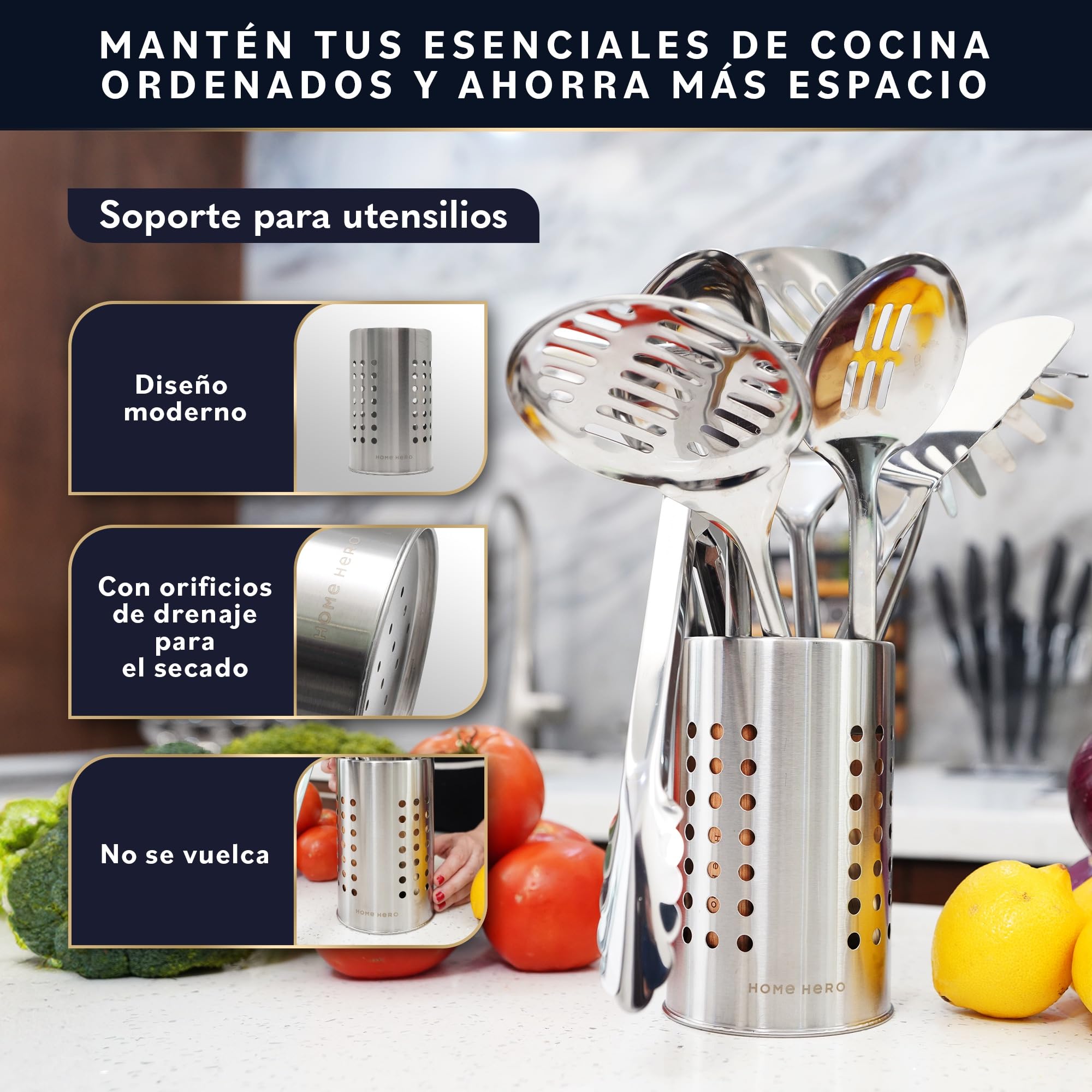 Home Hero Juego de utensilios de cocina de acero inoxidable Home Hero - Antiadherentes y duraderos - Utensilios y gadgets de cocina metálicos resistentes al calor (10 piezas - Madera y Plata)