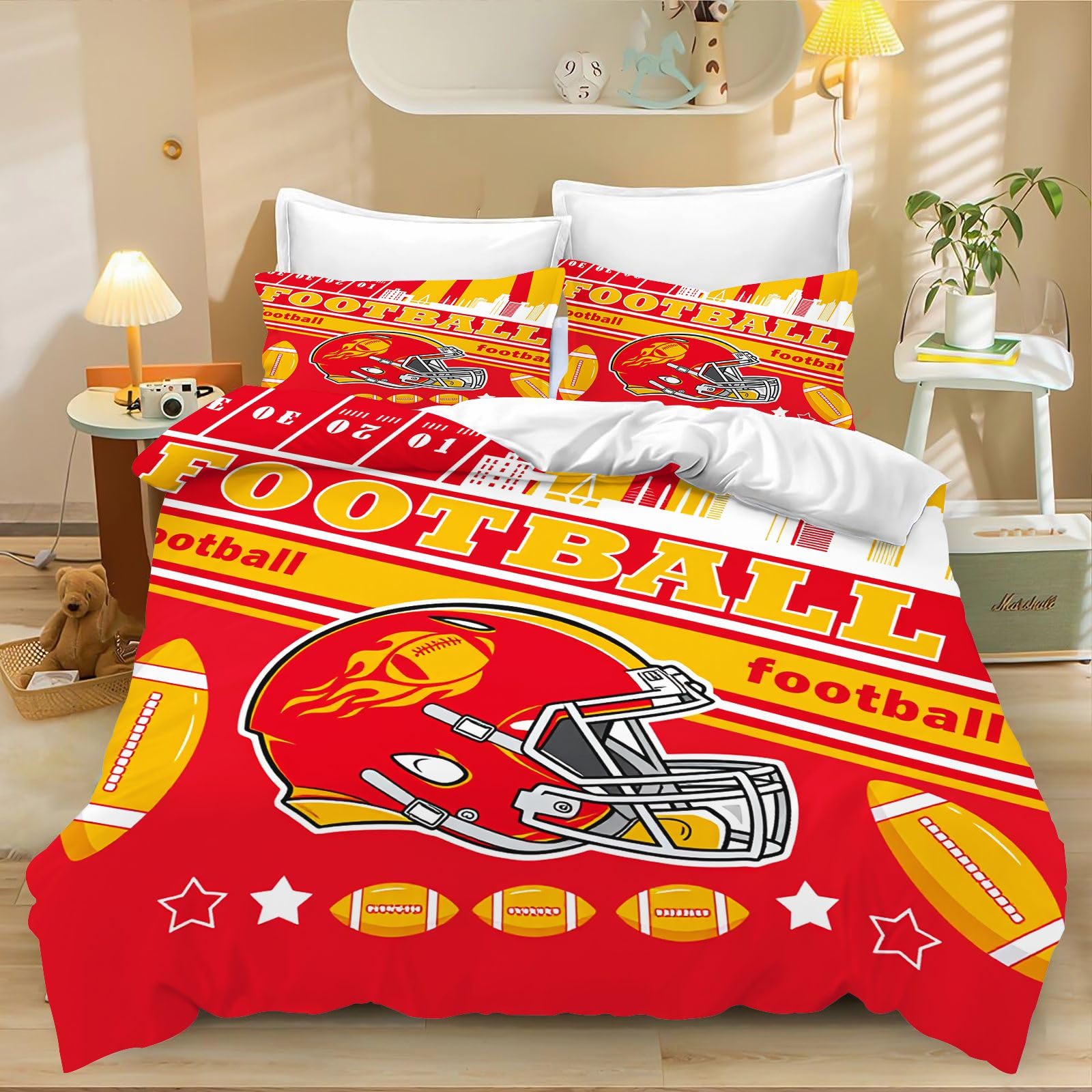 Fgolphd American Football Helmet Duvet Cover Set, Soft Microfiber King-230x220cm Bedding with Zipper, All Seasons Bedroom Decor