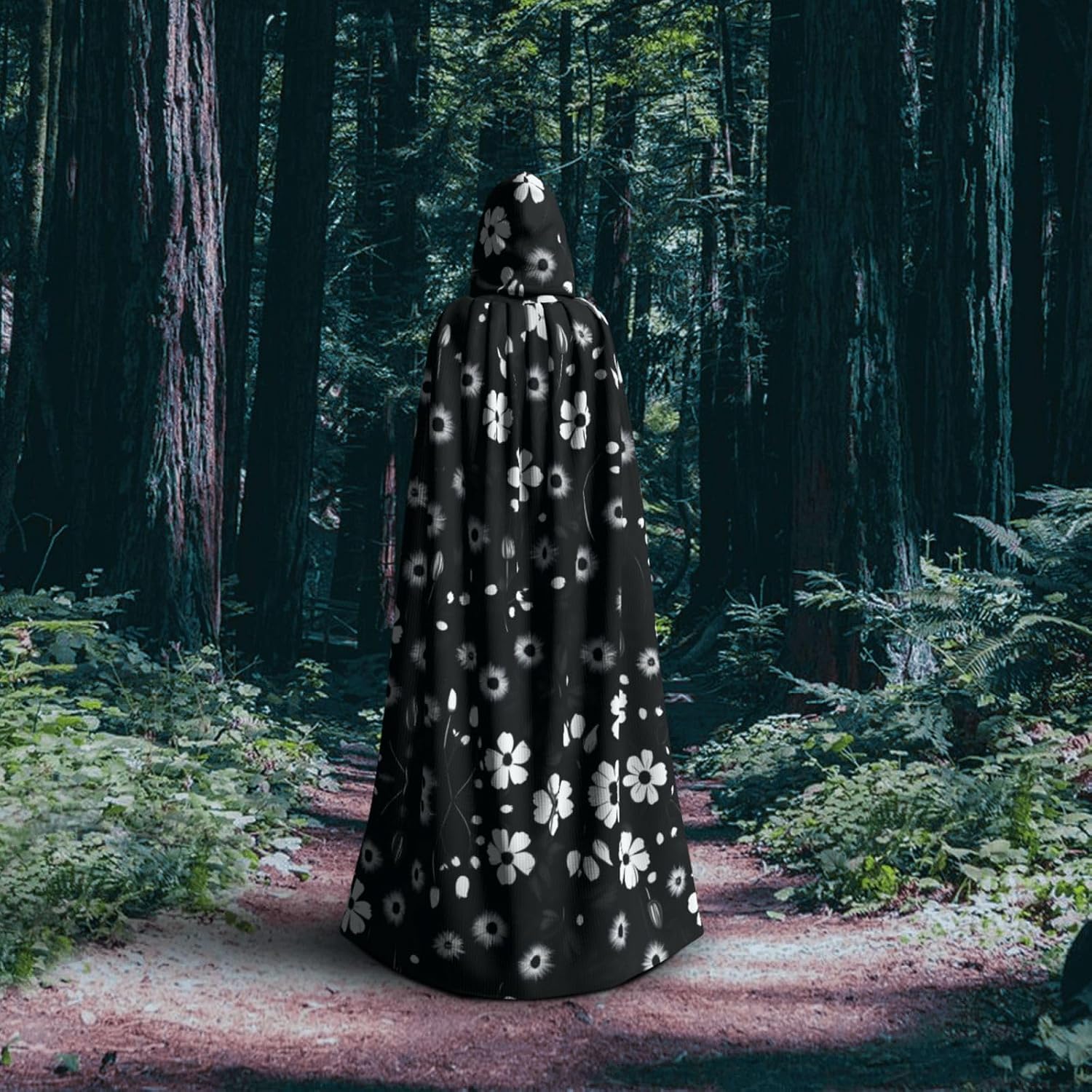 Black And White Floral Print Print Men Hooded Cloak,Wizard Hooded Robe,Witch Cape Cosplay Costume Halloween Party Capes