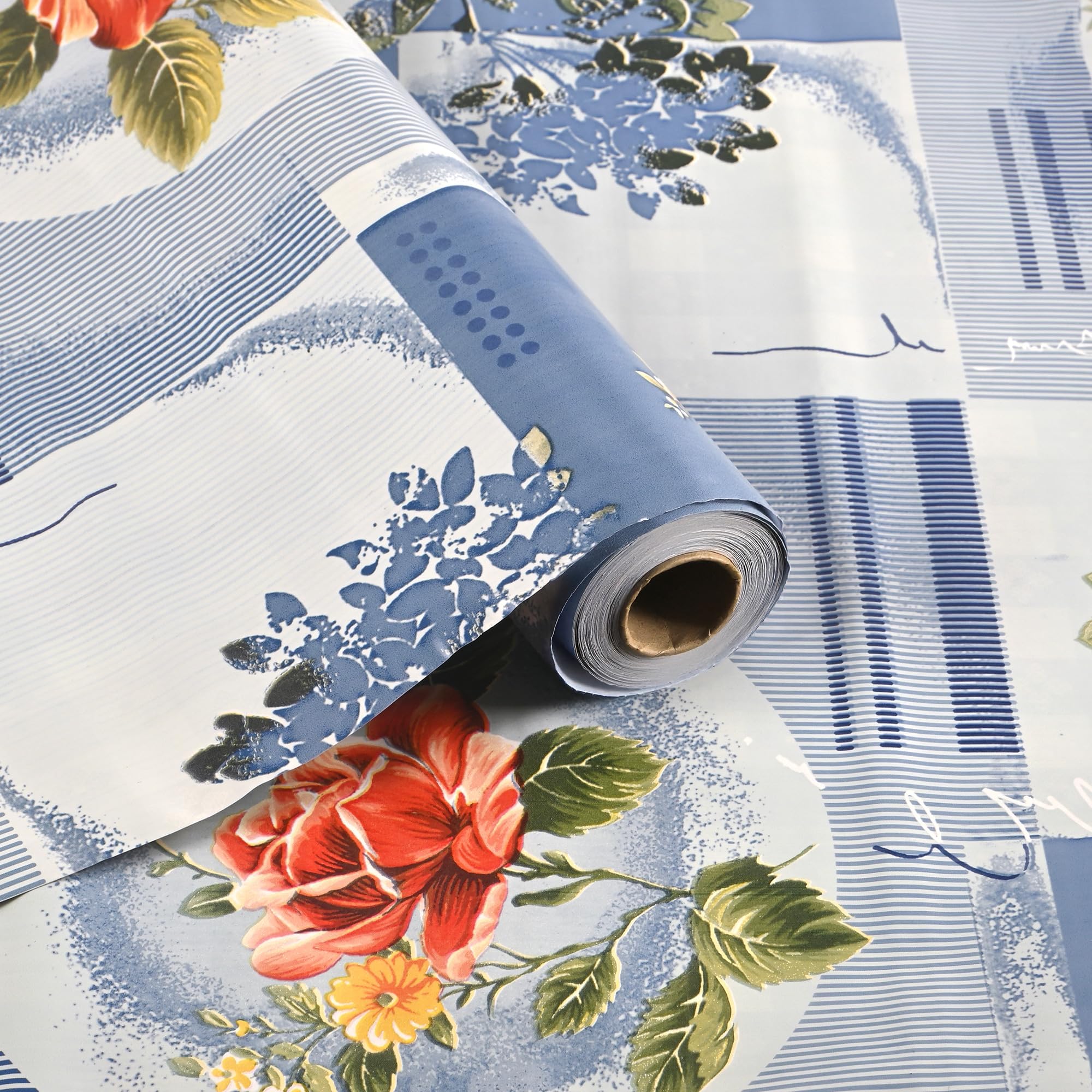 Kuber Industries 3 Mtr PVC Reversible Shelf Liners for Kitchen Shelves | Cupboard Mat for Wardrobe | Kitchen Shelf Mats Roll | Flower Check Design - Blue