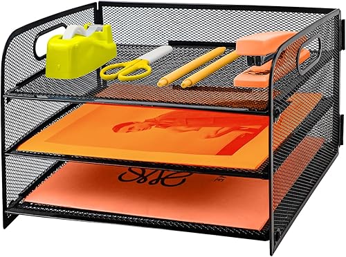 Bandeja de papel de 3 niveles con asa, organizador de archivos de escritorio de malla metálica con bandejas, bandejas de papel A4, soporte para