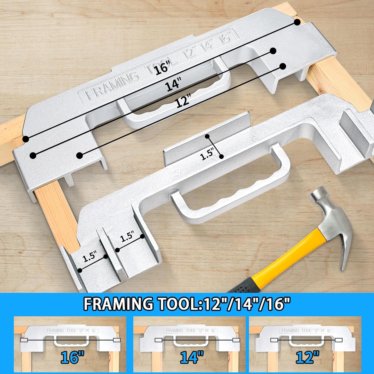 3 in 1 Framing Jig Tools,12",14",16" On-Center Stud Layout;100% Solid Cast Aluminum,UniversalFraming Tool for Walls,Roofs;Floors;Ladders