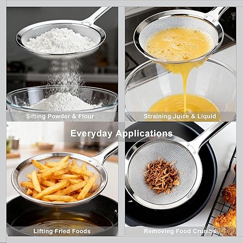 Miniatura 4 de Paquete de 3 cucharas de malla fina, cucharones coladores de acero inoxidable 304 con asas largas, tamices de cocina extrafinos para aceite, grasa,