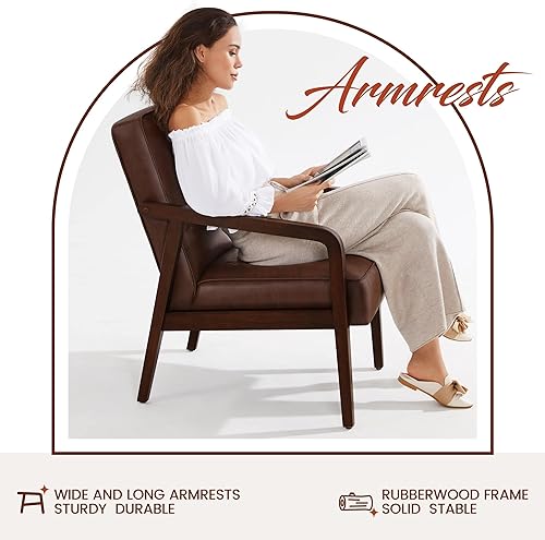 Miniatura 16 de Topeakmart Silla decorativa de piel sintética, sillón moderno y de mediados de siglo con patas de madera y acolchado suave para sala de estar,