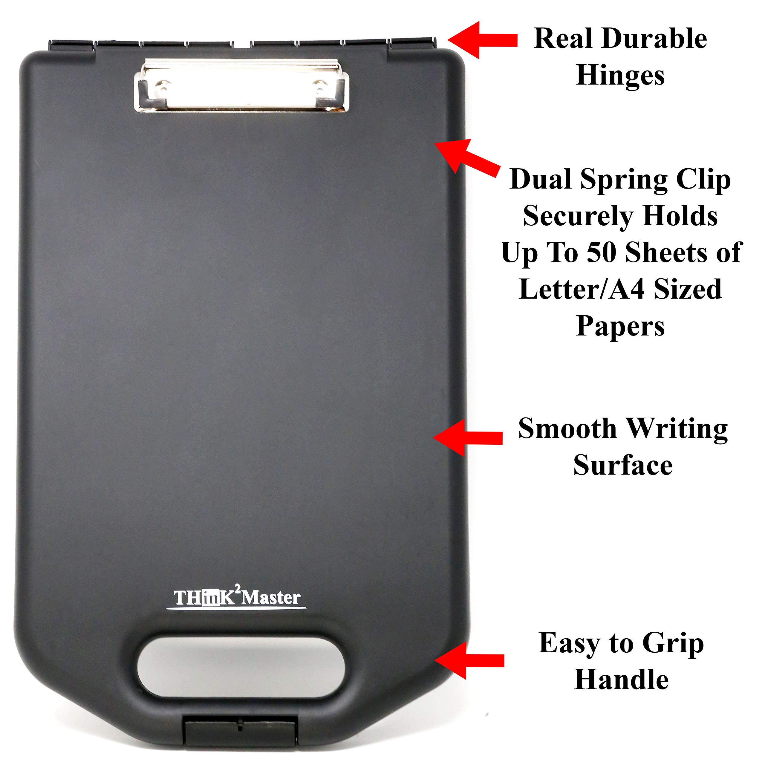 Think2Master Black Plastic Storage Clipboard with Handle and Real Hinges. Storage Area Holds 275