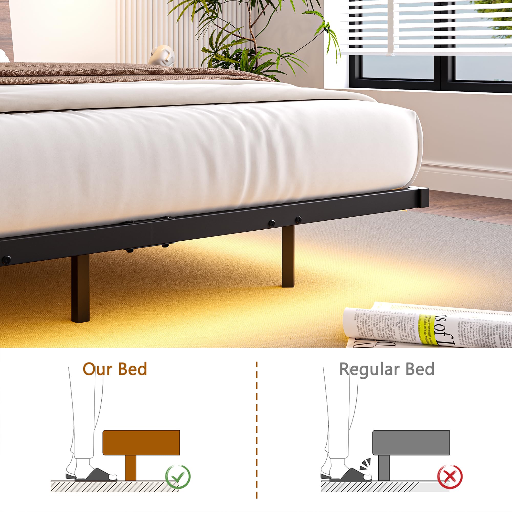 HOJINLINERO Struttura letto matrimoniale galleggiante, 135 x 190 cm, con luci LED e stazione di ricarica, struttura letto matrimoniale in metallo con testiera in legno, supporto a doghe in acciaio