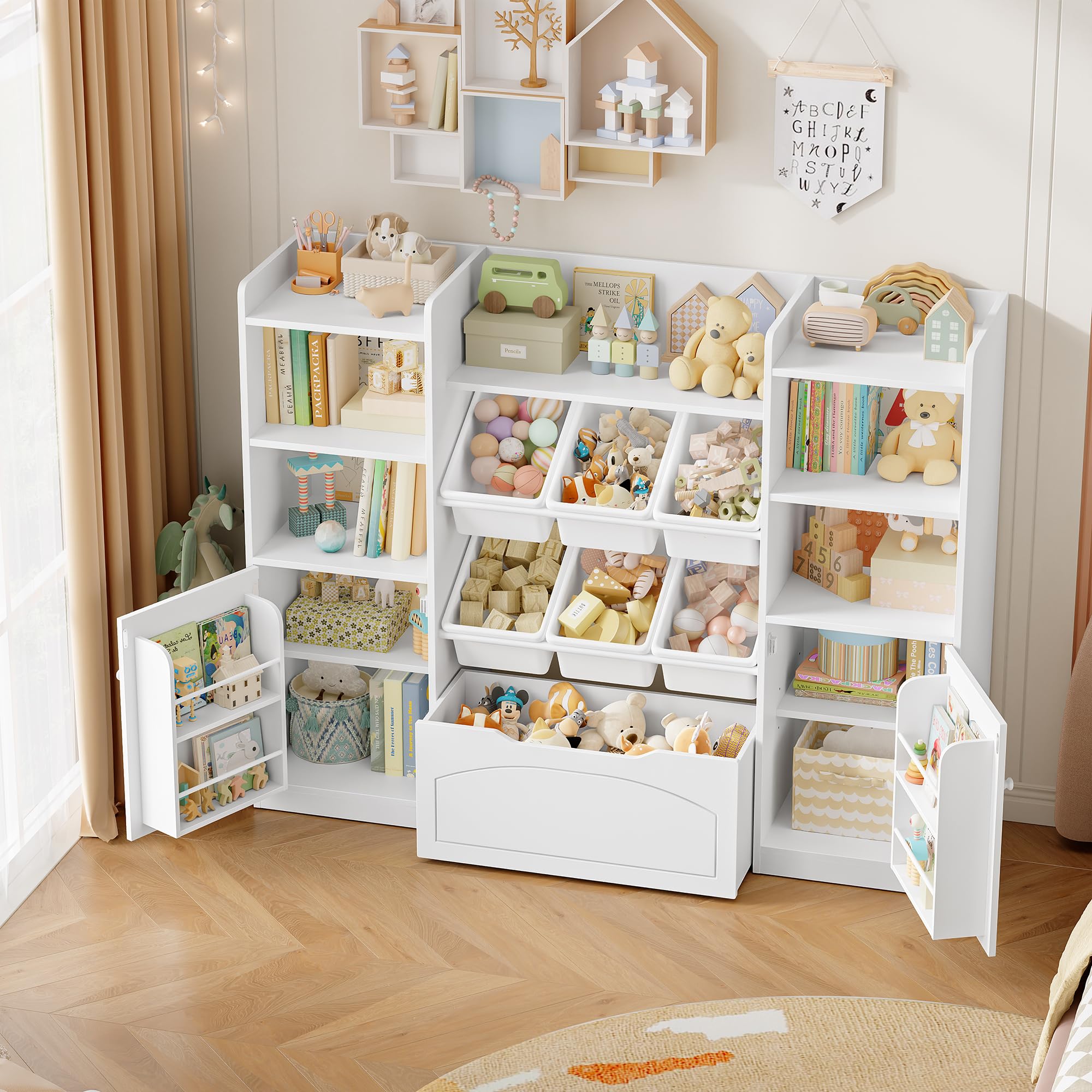 FOREHILL Libreria Montessoriana per Bambini, Porta Giochi Bambini a 6 Scatole, Organizer Giocattoli a Ripiani Regolabile, 7 Scomparti Aperti, per Cameretta e Sale Giochi, 140,5x33x108,2 cm, Bianco