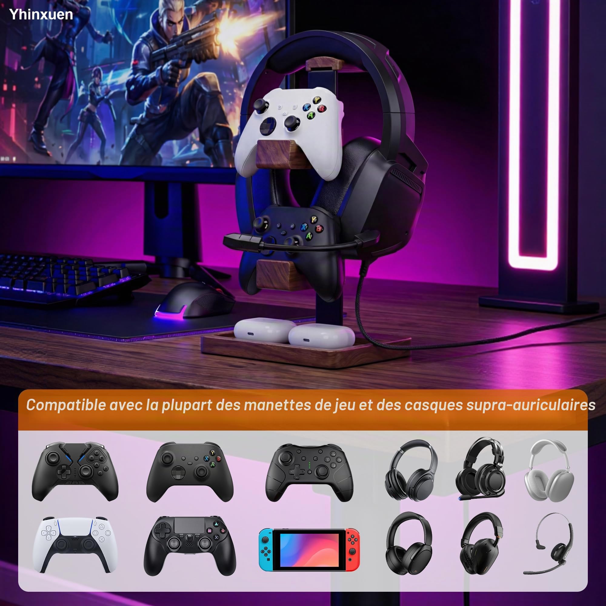 Support 2 en 1 pour manette et casque, Étagère de rangement à deux niveaux en bois massif pour accessoires de jeu. Support pour manette de jeu universelle/casque (Marron clair)
