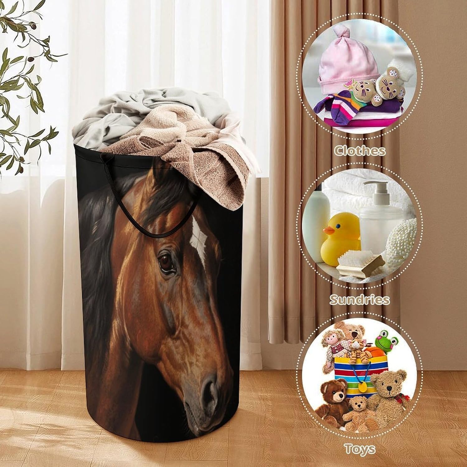 Brown Horse Laundry Hamper Large Capacity 15.7x27.2 Inch, Collapsible Dirty Clothes Basket with Handles, Foldable Storage Bin Laundry Basket for Bedroom Bathroom Dorm