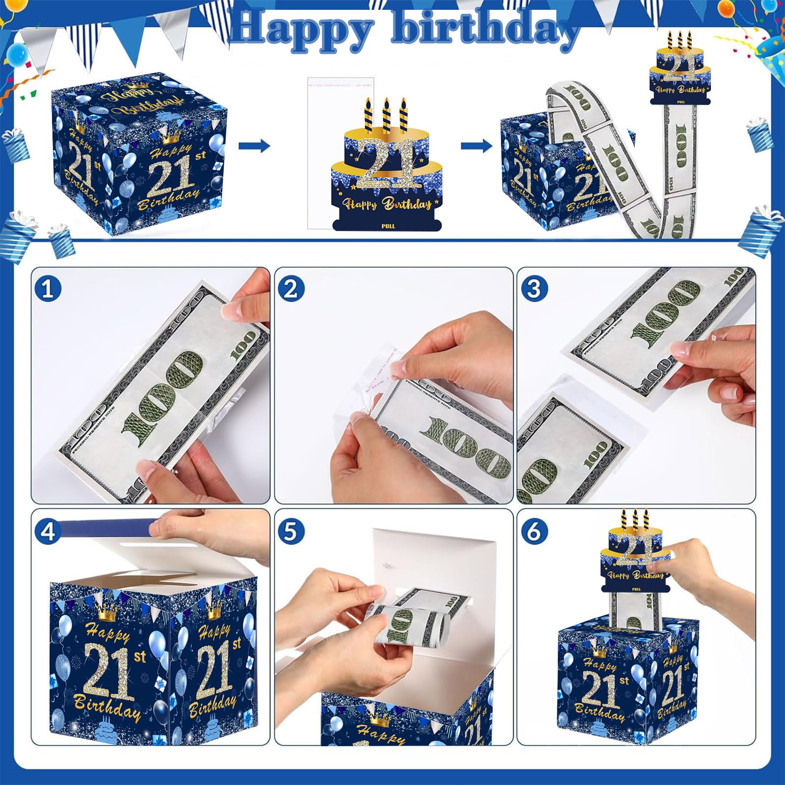 Geldgeschenke 21 Geburtstag,Blauesgold Geschenkbox mit herausziehbaren Geld,Geld Geschenk Box für Geld,Geschenkverpackung Geburtstag Box für Eltern, Kinder, Liebhaber und Freunde Geburtdeko