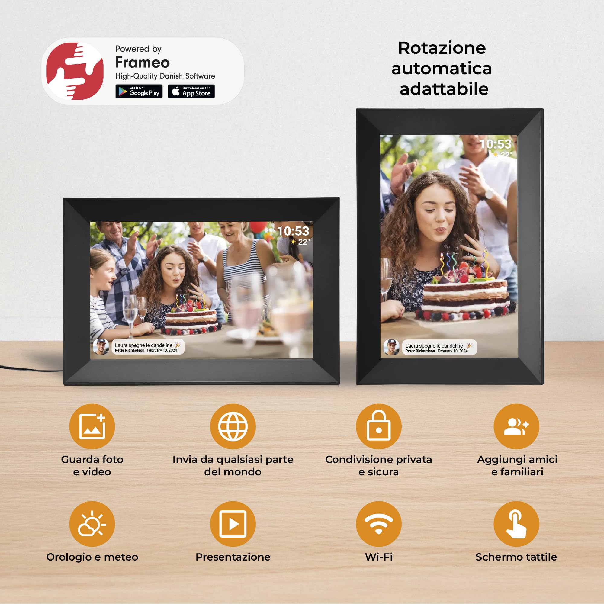 Cornice Digitale 10 Pollici WiFi – Schermo IPS Full HD 1920×1200 – Portafoto Digitale Frameo Denver per Foto e Video – Cornice Elettronica Touchscreen Smart – 16 GB Memoria – Slot microSD – Nera