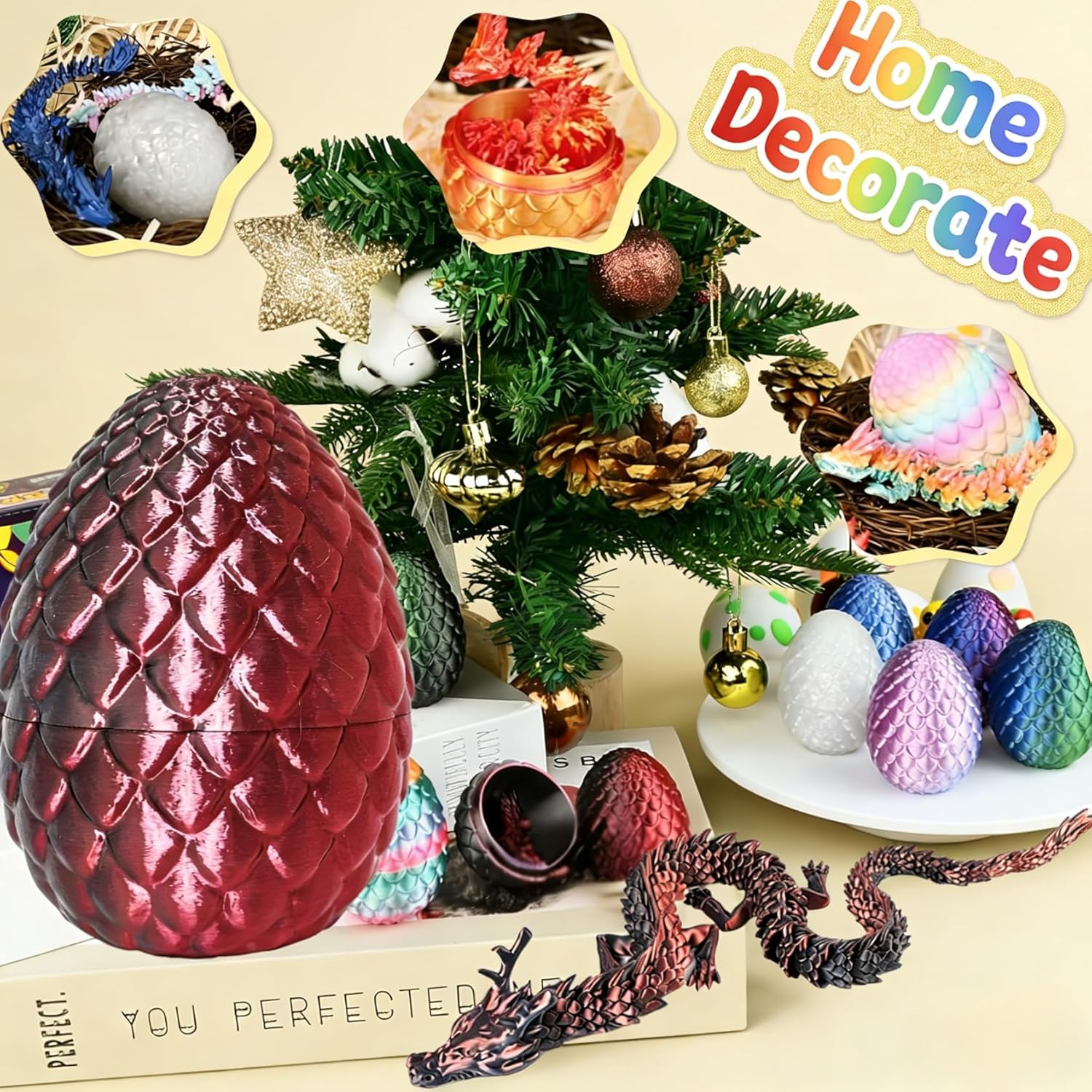 Large 3D Printed Dragon Egg with 24'' Articulated Chinese Dragon - 7” Openable Surprise Easter Egg Hunt Toy, Fantasy Creature Figure, Easter Basket Stuffer Gift for Kids Teens Adults (Black Red)