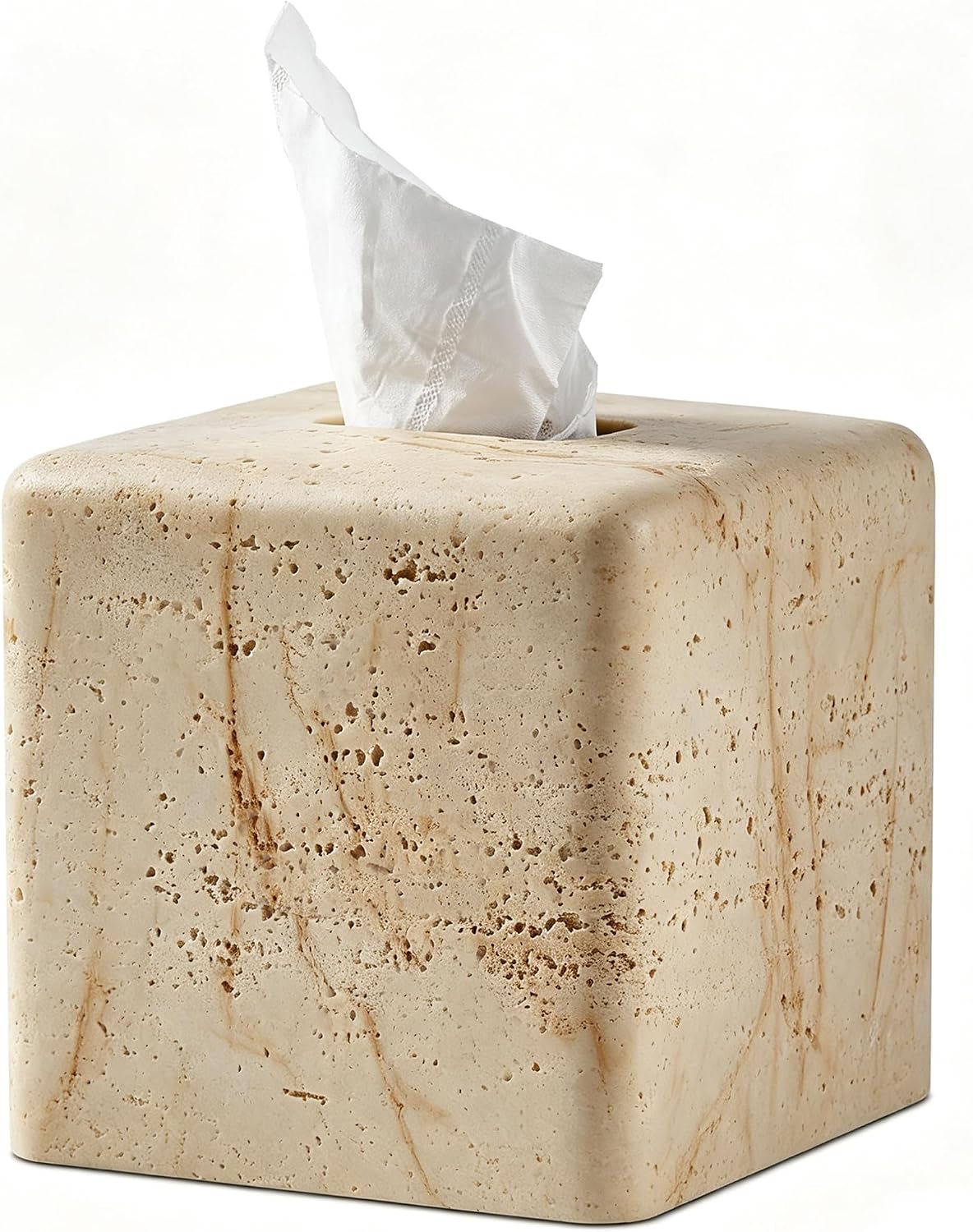 Travertine Stone Look Square Tissue Box Cover – Modern Decor for Bathroom