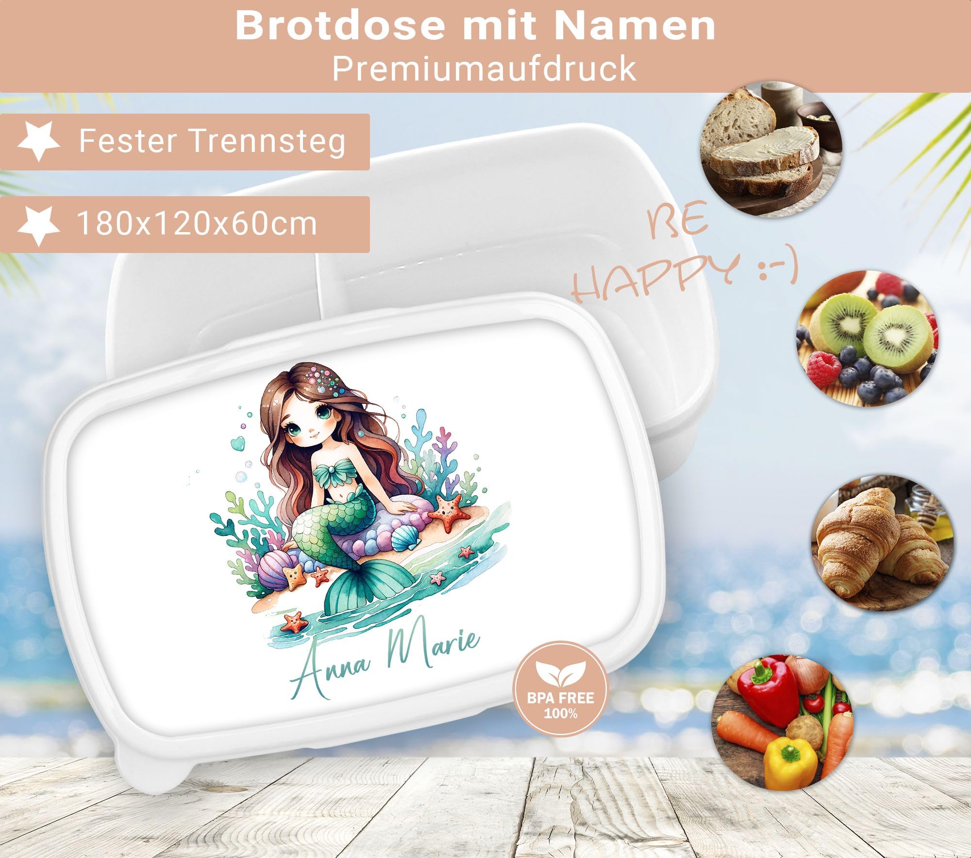 timalo Kinder Schulset Brotdose, Trinkflasche, Turnbeutel personalisiert mit Namen | Set Wasserflasche Edelstahl | Lunchbox mit Trennwand | Geschenk zur Einschulung & Kindergarten | 14 - Meerjungfrau