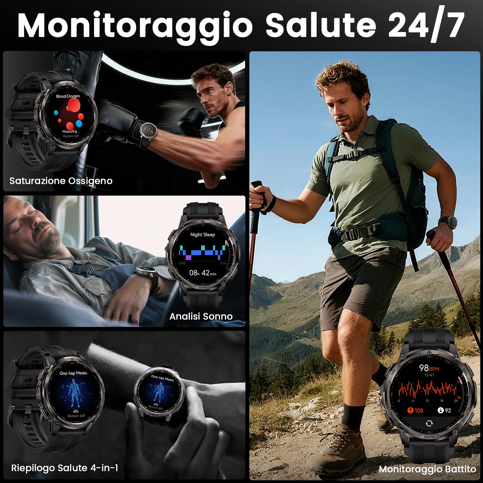 KOSPET Tank T4C Smartwatch Uomo Rugged con Torcia Integrata, 5 ATM & IP69K | GPS a 6 Satelliti, Batteria 15 Giorni, Monitor Sonno e Frequenza Cardiaca, 170+ Modalità Sportive per Android & iPhone, Nero