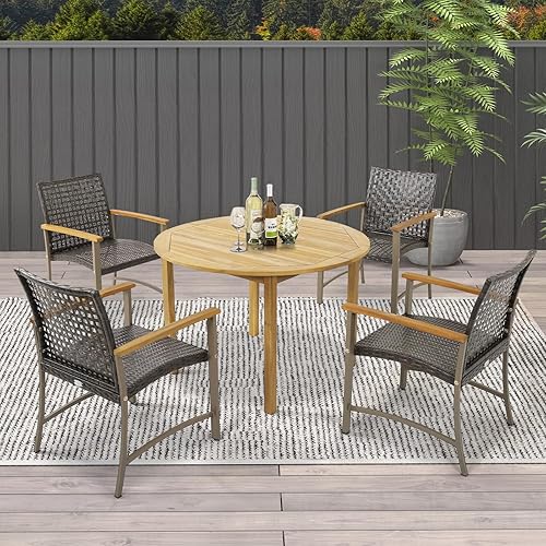 Miniatura 2 de Tangkula Juego de 4 sillas de comedor para patio, mimbre de polietileno para exteriores y sillas de metal resistente con reposabrazos de madera de