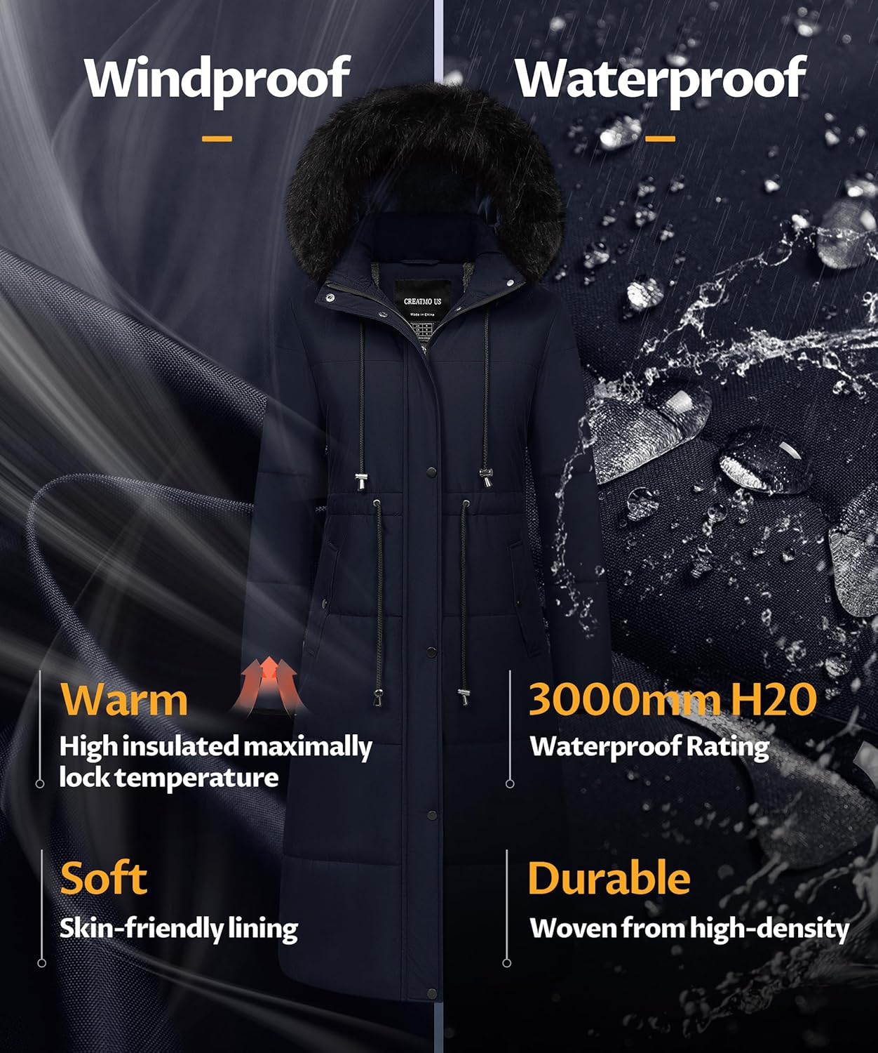 CREATMO US Women's Long Winter Coat Warm Waterproof Puffer Jacket Snow Quilted Bubble Parka with Hood - Image 4