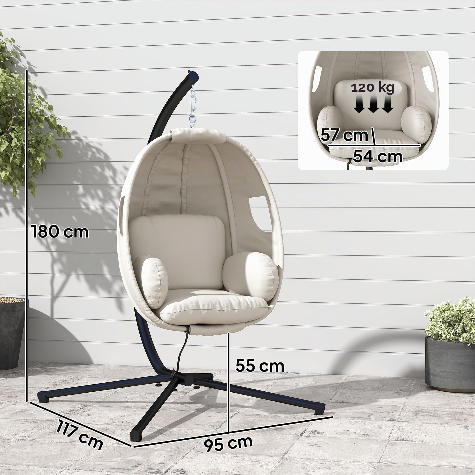 Outsunny Hängesessel mit Gestell Faltbarer Hängekorb 120 kg Hellgrau | Dicke Sitzpolster, Verstellbare Höhe, Sicherheitsgurt, Eiförmige Hängeschaukel, Schaukelsessel, Indoor Outdoor Garten