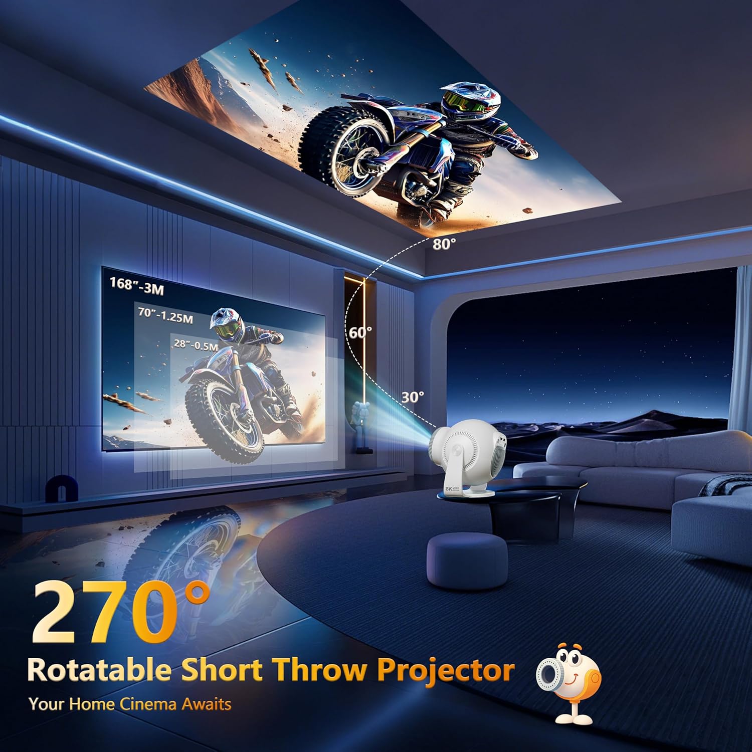 【8K Video Decode / Android 14.0】Mini Smart Projector with WiFi 6 and Bluetooth 5.4, 450 ANSI Support 4K 1080P, Portable Outdoor Movie Projectors, Auto Keystone Correction, 270° Rotatable Proyector