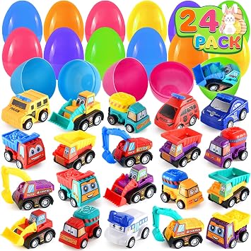 Duchong Prefilled Easter Eggs with Cars Toys for Easter Eggs Hunt, 24 Packs 2.8 Plastic Eggs with Pull-Back Construction Vehicles, Easter Theme Party Favor, Easter Basket Stuffers for Boys Girls