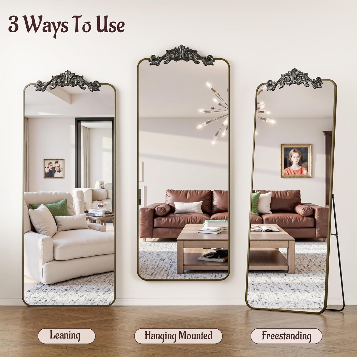 Full Length Mirror, 65"x24" Floor Mirror Freestanding with Carved Metal Frame, Full Body Mirrors for Living Room, Standing, Hanging, Leaning Mount, Bronze, Retro Style