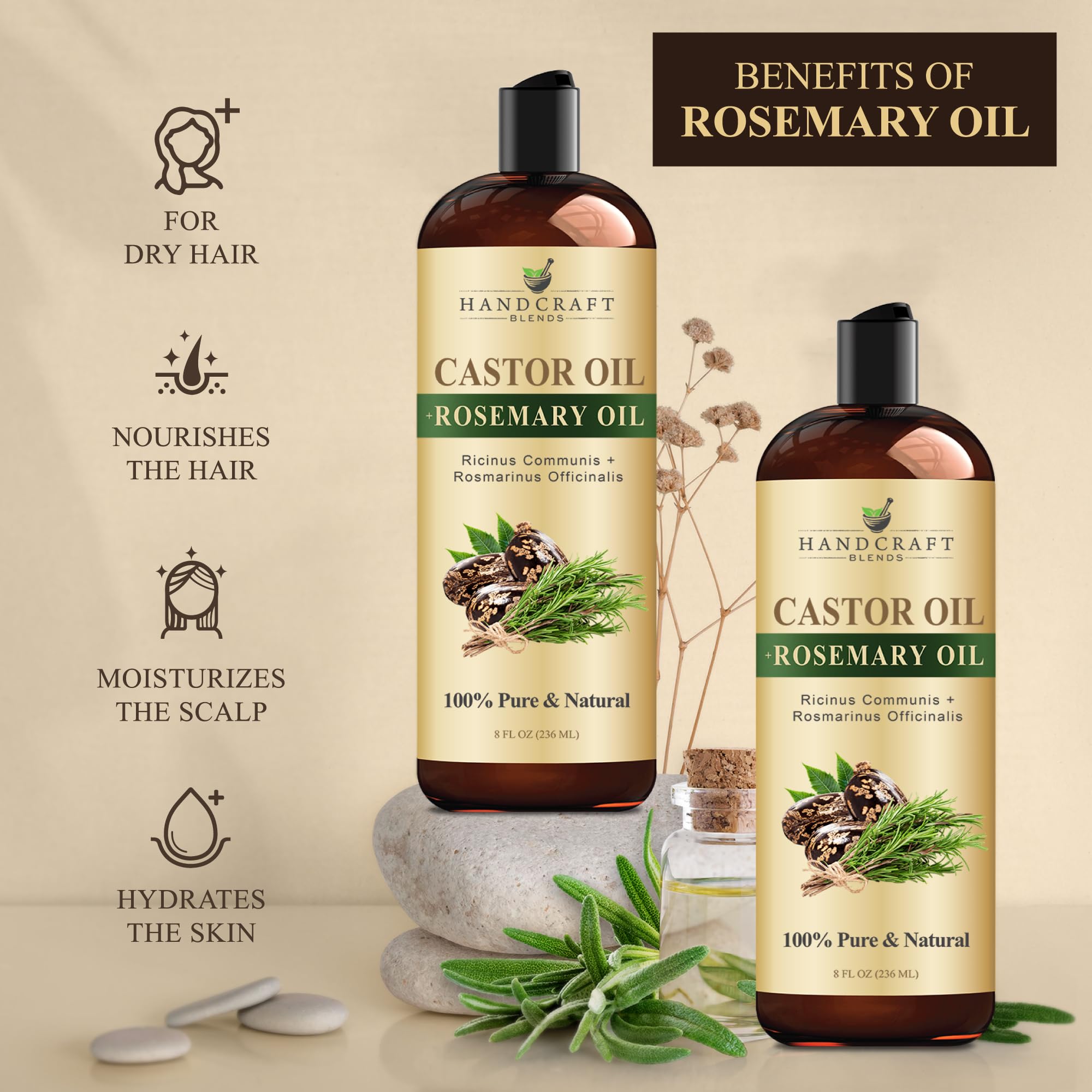 Castor Oil with Rosemary Oil for Hair Growth, Eyelashes, Eyebrows - 100% czysty i naturalny olejek nośny do włosów, olejek do masażu nawilżającego do aromaterapii, 8 fl. Oz