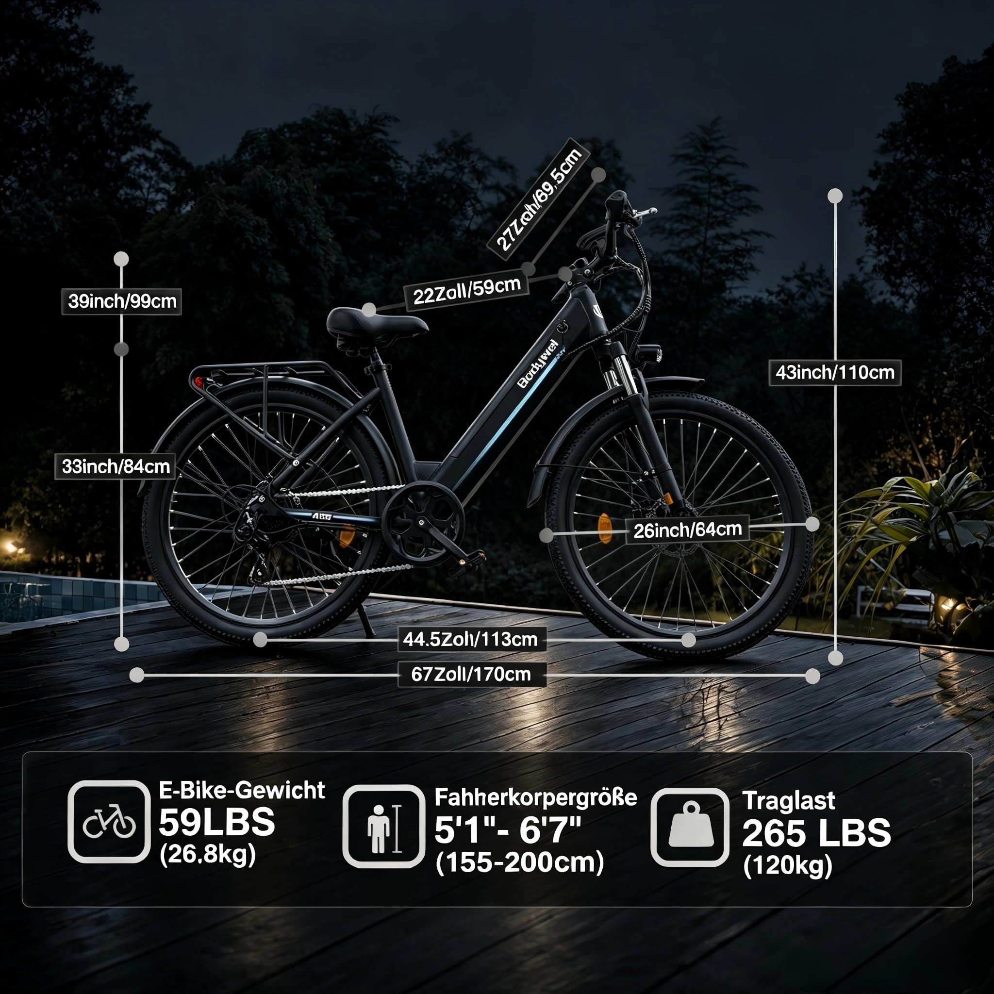Bodywel A26 E-Bike Herren 26 Zoll 250W Motor 36V 13Ah Akku 50-70km(PAS) Reichweite, 4.5 inch intelligent LED Display mit App, Mechanische Scheibenbremse Stadt EBike