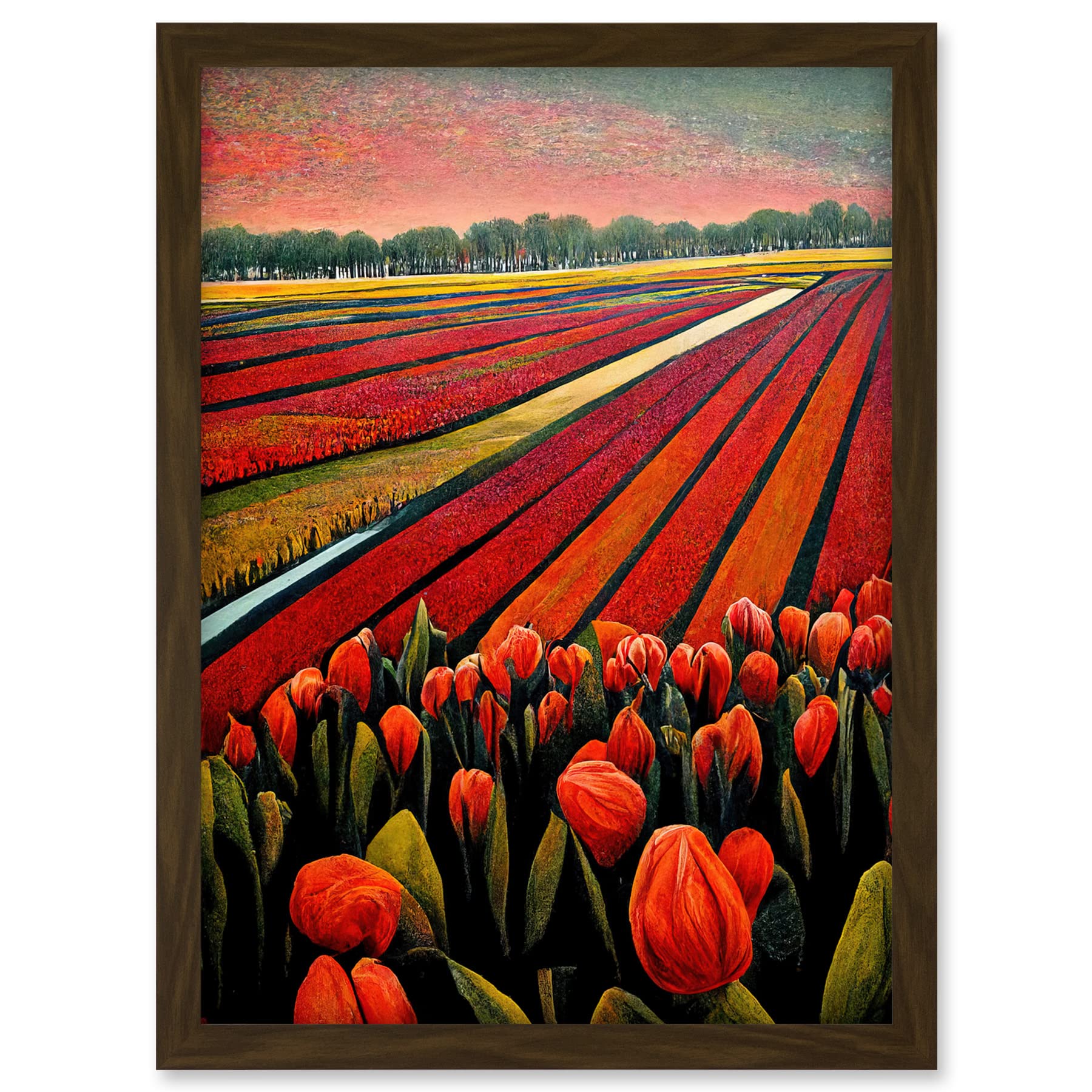Doppelganger33 LTD Red Tulip Fields Of Holland Netherlands Modern Oil Artwork Framed A3 Wall Art Print