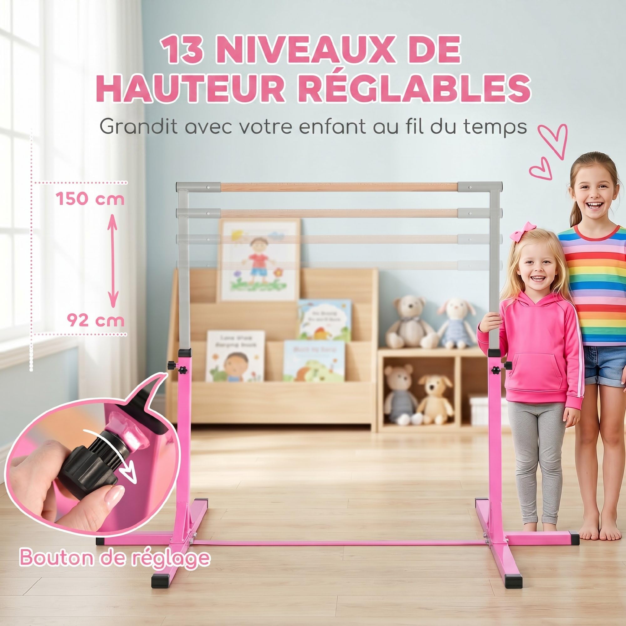 HOMCOM Barre Fixe de Gymnastique pour Enfant, Hauteur Réglable sur 13 Niveaux de 92-150 cm, en Acier et Bois de Hêtre, Barre de Gym d'Entraînement à Domicile, Antidérapant, Facile à Assembler