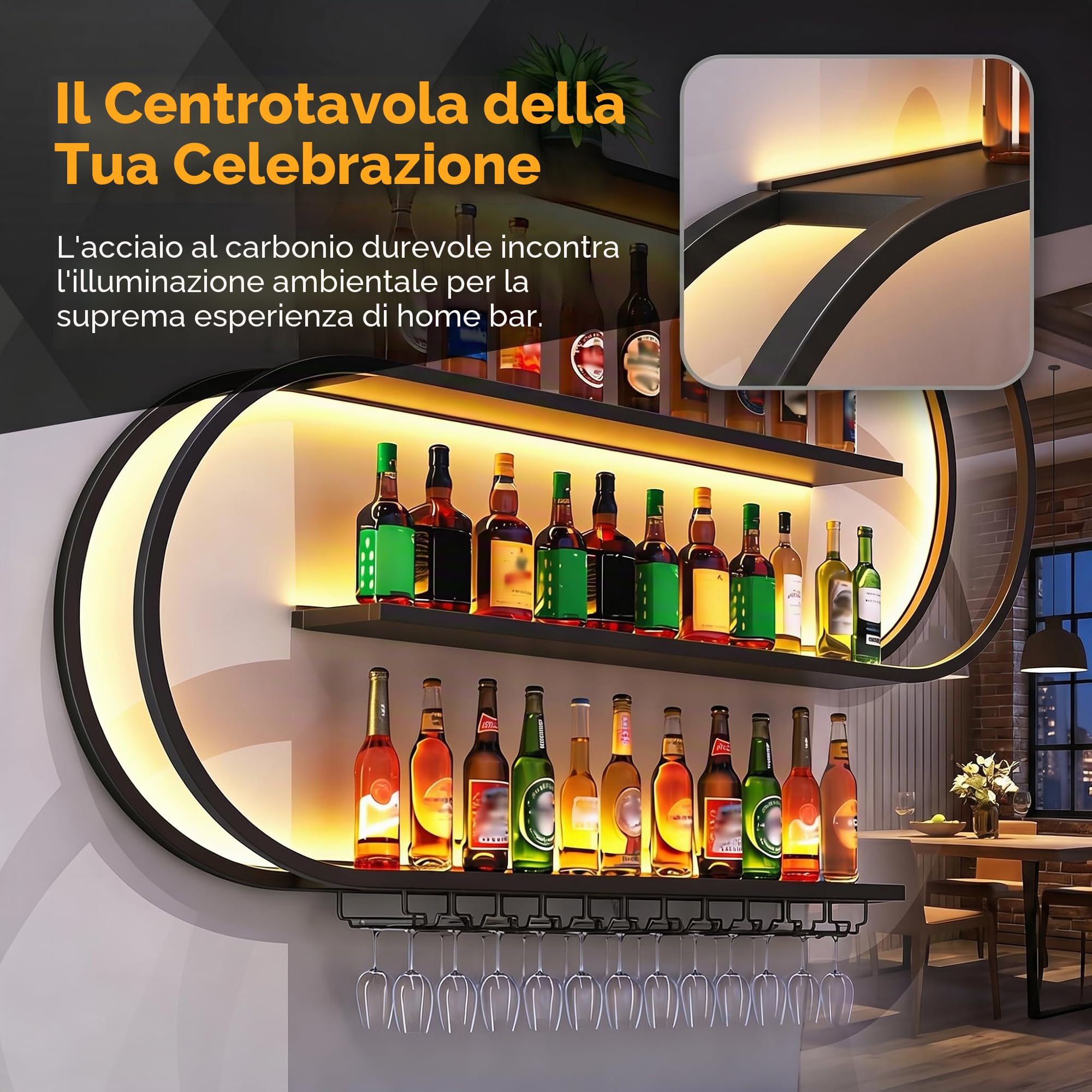 Portabottiglie da parete, mensole da bar sospese a 4 livelli, mensola portabottiglie in metallo industriale, per arredamento da bar e sala da pranzo, nero (150cm)