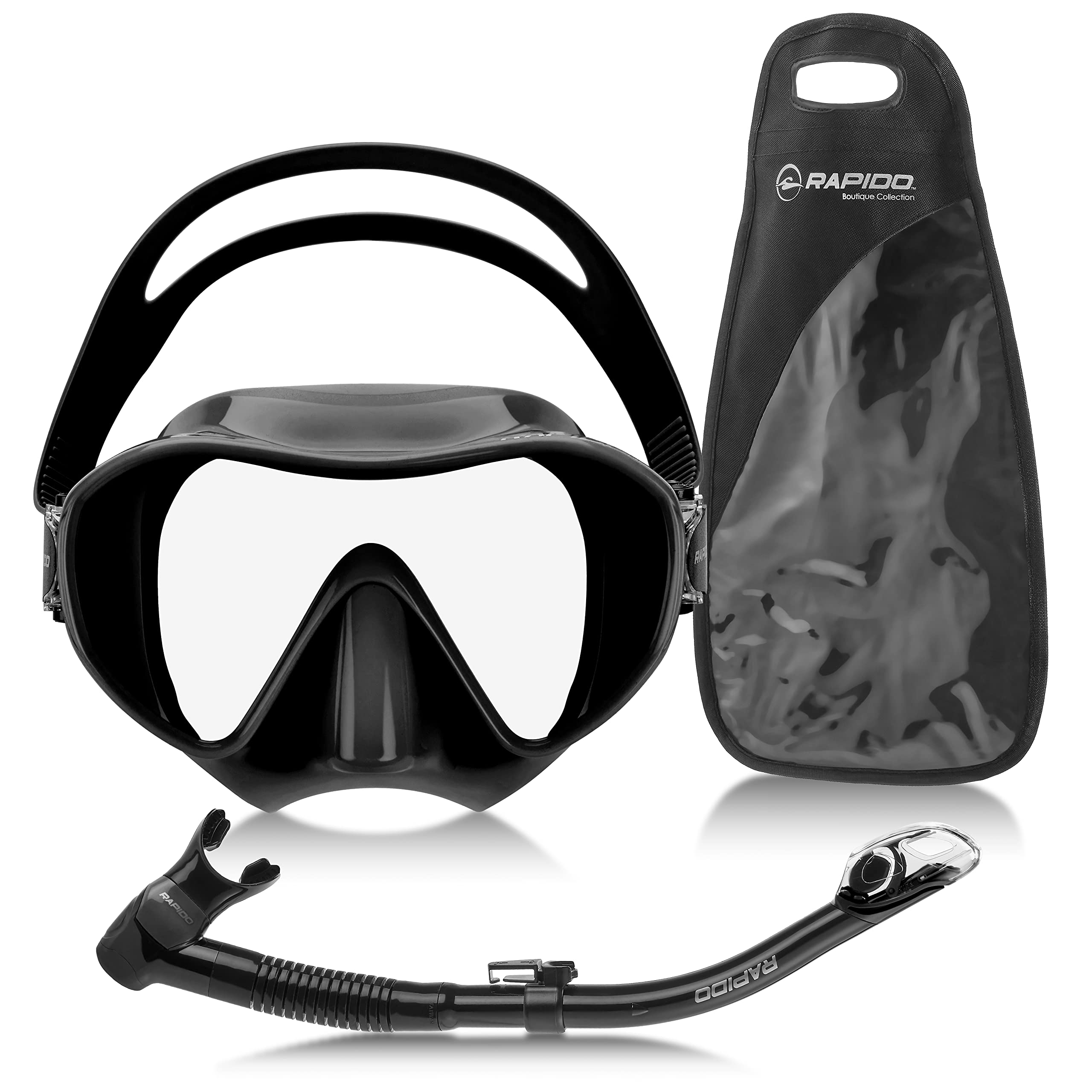 Rapido Boutique Collection Italian Design Premium Tempered Glass Lens Anti-Fog Panoramic View Frameless Snorkel Mask, Elite Dry Snorkel Tube, Quick Adjust Fins - Mask Fin Snorkel Set