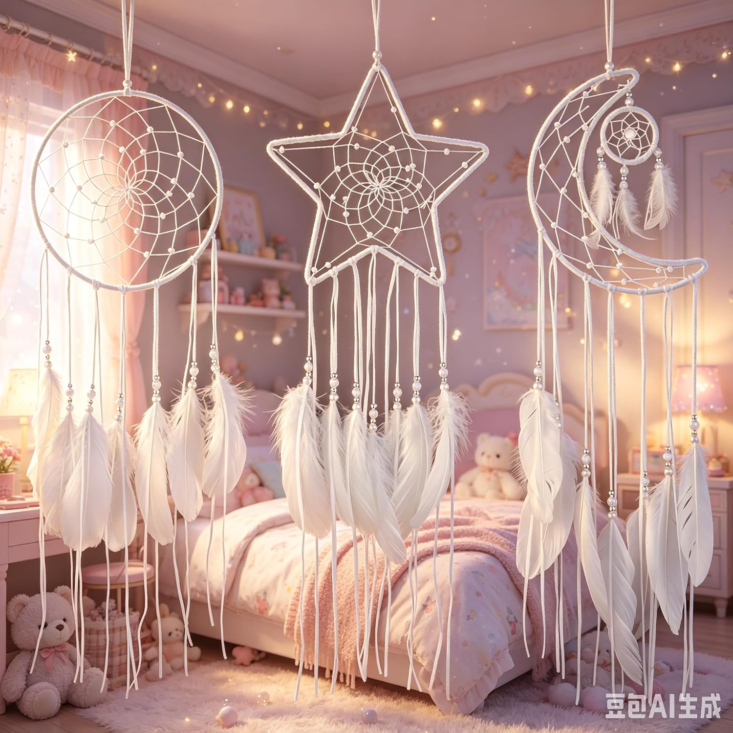 3PCS/LOT Star Moon Sun Shape Dream Catcher Home Decoration, and Baby Kids Room Accessory - Dream Catcher with Feather Decoration - Unique Home Craft Wall Pendant (White)