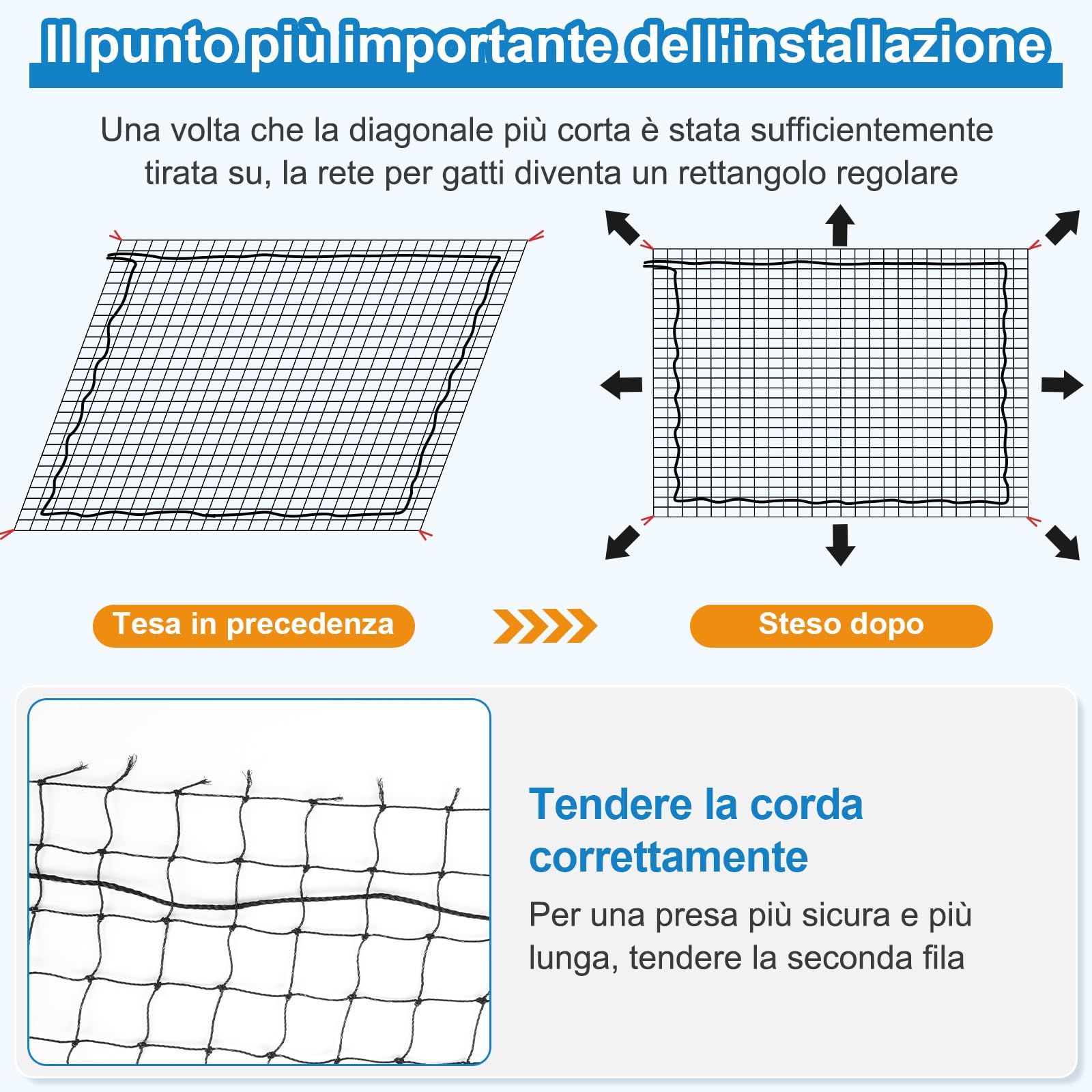 Aystkniet Rete per Gatti | Extra Rinforzato con Filo | 3x2m Rete per recinzioni incl. Corda di Fissaggio | Rete per Gatti Balcone | Rete Gatti | Rete Protezione Gatti Balcone