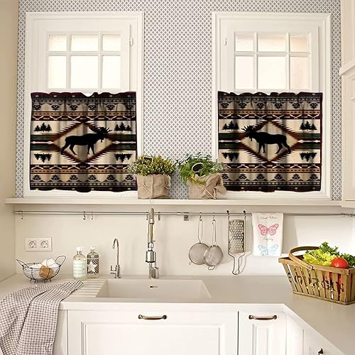 Miniatura 10 de Cenefas de cocina rústicas para ventanas, estilo retro, estilo campestre, alce, ciervo, pino, alce, bolsillo para barra, cortina para restaurante,