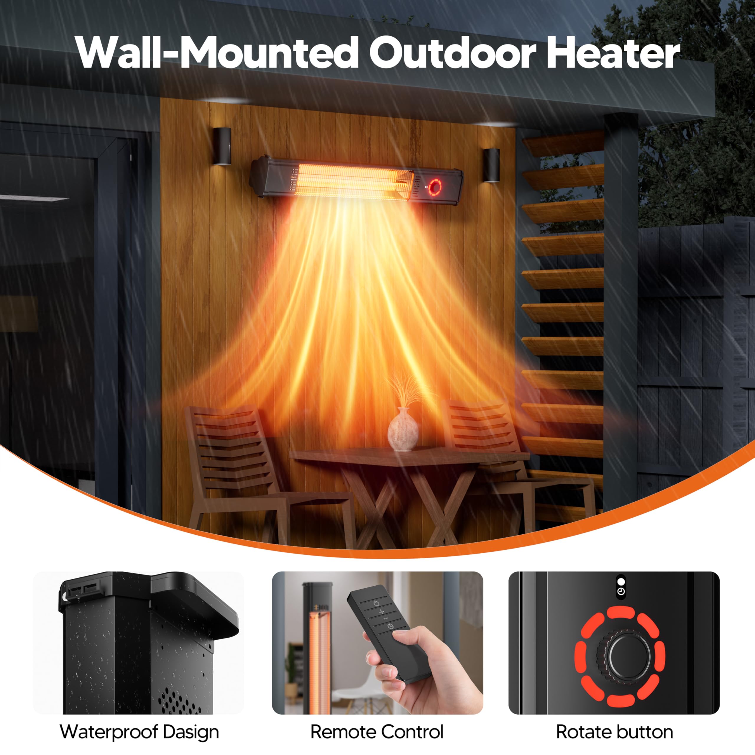 Heizstrahler Terrasse 2000W, Infrarot Standheizstrahler Outdoor mit 8 Heizstufen, 8H Timer, 1s Heizung Kohlenstofffaser-Rohr-Heizung, IP65 Wasserdicht Terrassenstrahler Innen & Außen, Balkon