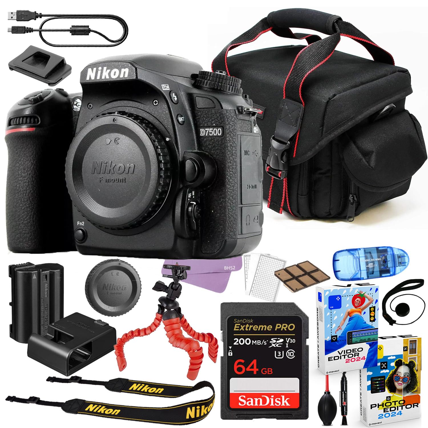 Nikon D7500 DSLR Camera (Body Only) Bundle + Accessory Package Including Sandisk 64GB Extreme Pro Memory, Case, Spider Tripod, Photo/Video Software Kit & More (21 Items) (Renewed)